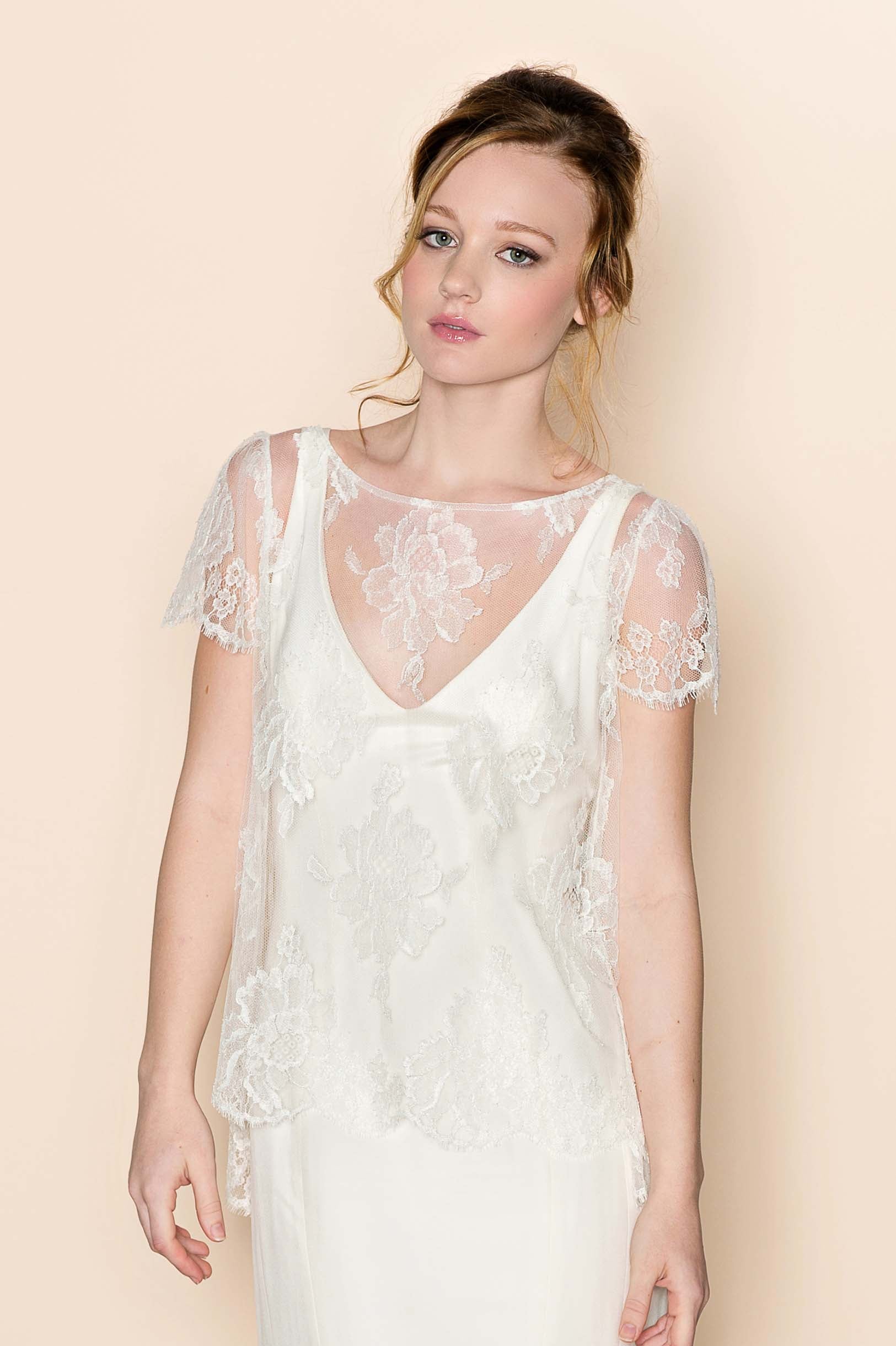 Roseline French Lace Cape Blouse Tee Top in Ivory - Elegant Women's Lace Blouse for Casual Wear, Office Outfits, and Special Occasions