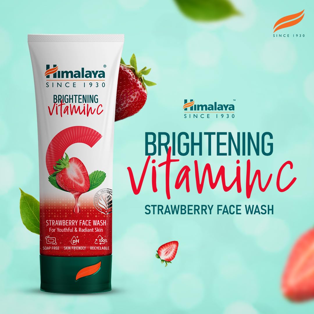 Himalaya Brightening Vitamin C Strawberry Face Wash - Brightening Cleanser for Glowing Skin | Remove Dullness & Dark Spots | 50ml Travel Size | Perfect for Morning Routine & Pre-Makeup Cleansing