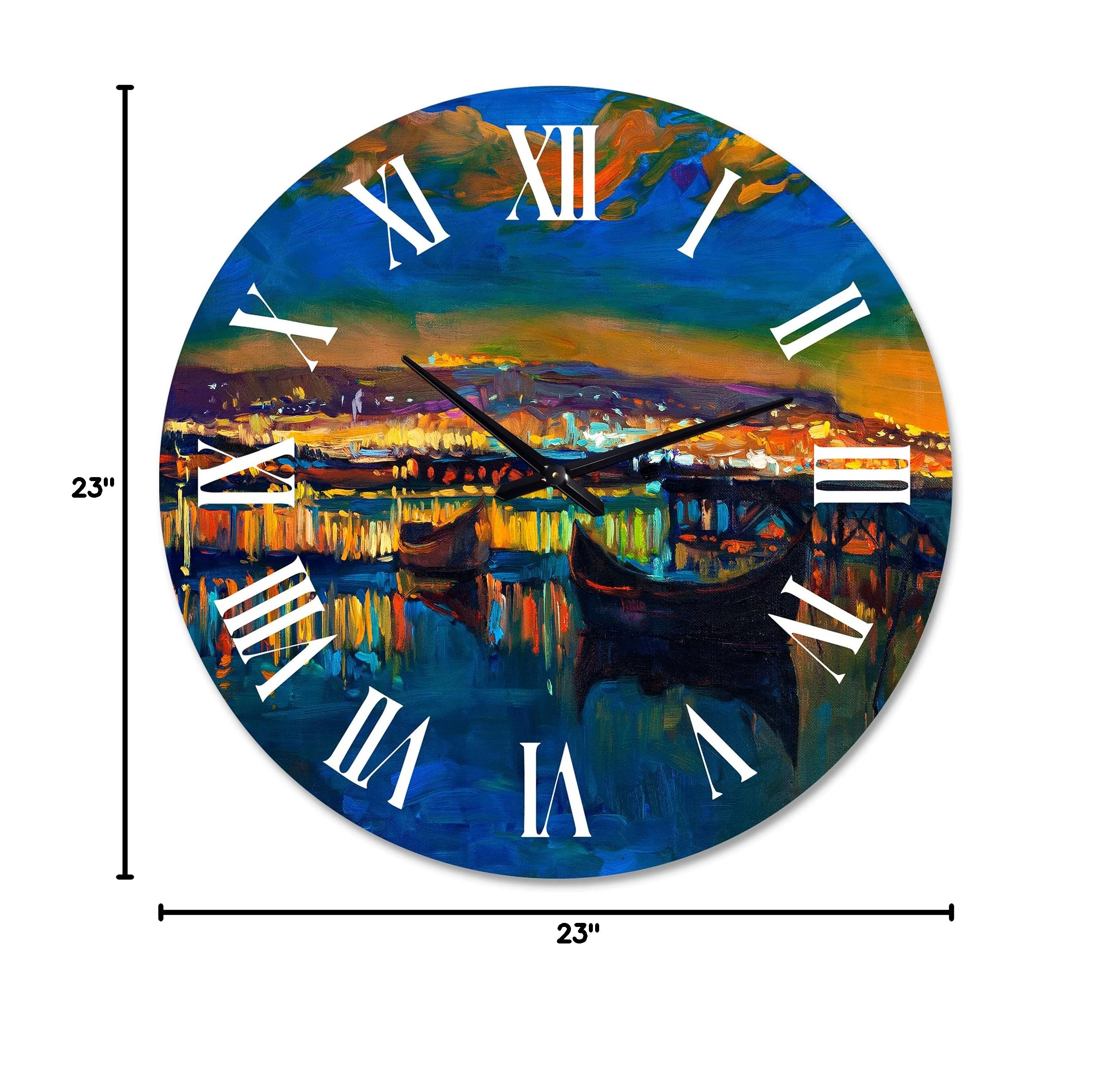 DesignQ Nautical & Coastal Wall Clock - 'Two Little Boats in The Village Harbor' Blue Round Clock for Living Room, Bedroom & Office Decor | Perfect for Beach House, Coastal Theme & Home Interior Design