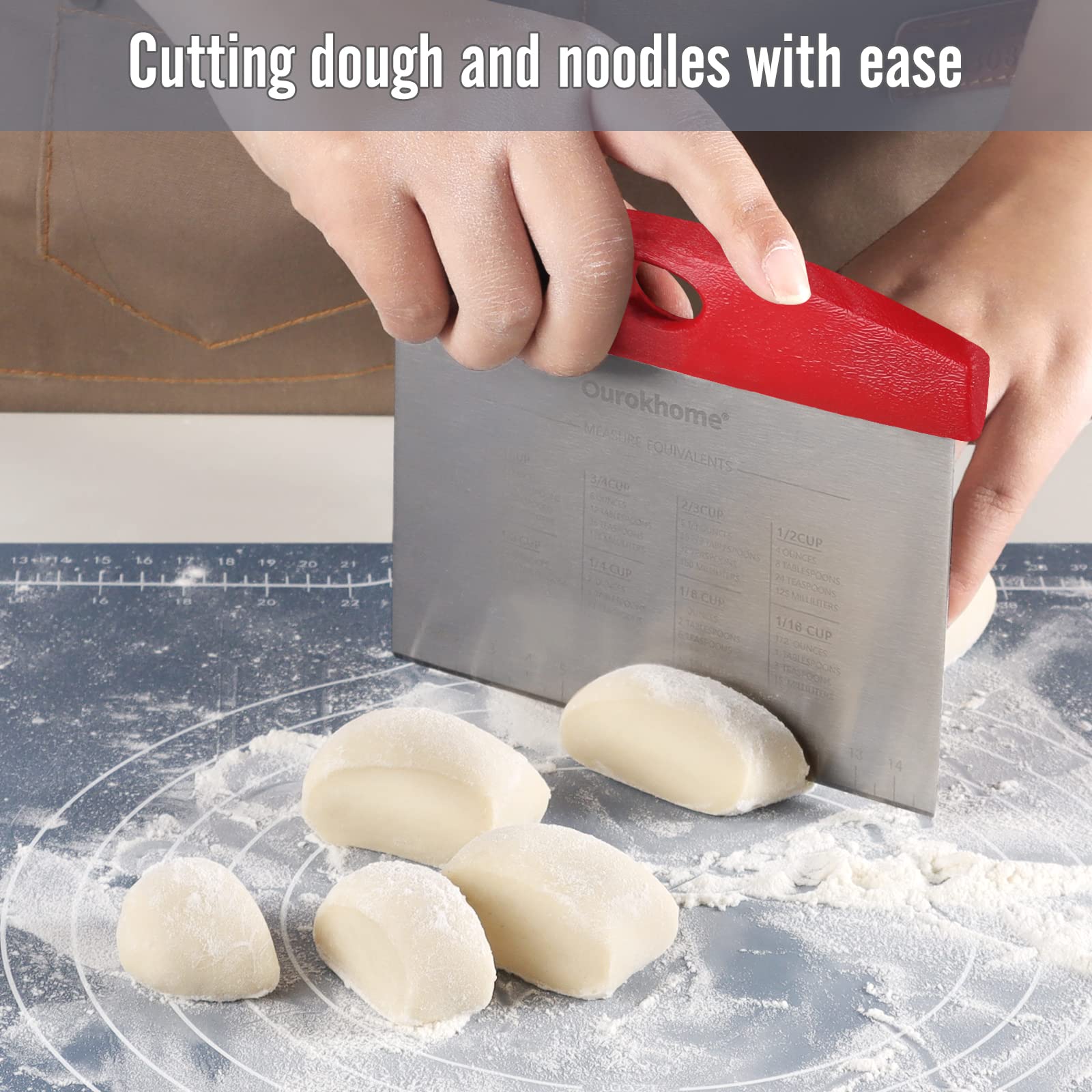 Ourokhome Stainless Steel Dough Scraper & Pizza Cutter - 2 Pack Red Kitchen Baking Tools with Laser-Engraved Measuring Scale & Conversion Chart | Dishwasher Safe, Durable for Pastry Making, Pizza Cutting & Bread Baking | Perfect for Home Bakers & Professional Chefs