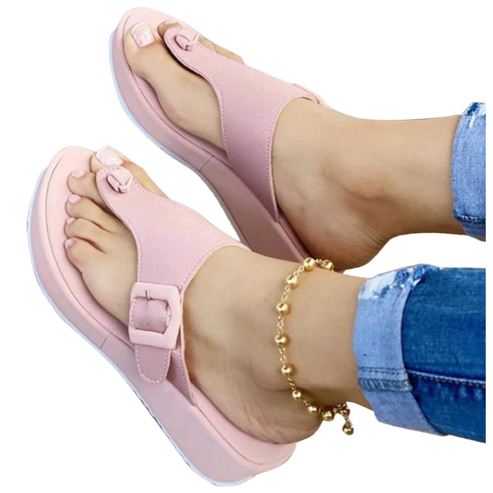 Women's Low Block Heel Sandals - Yoga, Bling, Pink, Toe Loop & Buckle Design - Chunky Heel Summer Sandals for Outdoor Wear & Embellished Style | Perfect for Beach, Vacation & Casual Outings