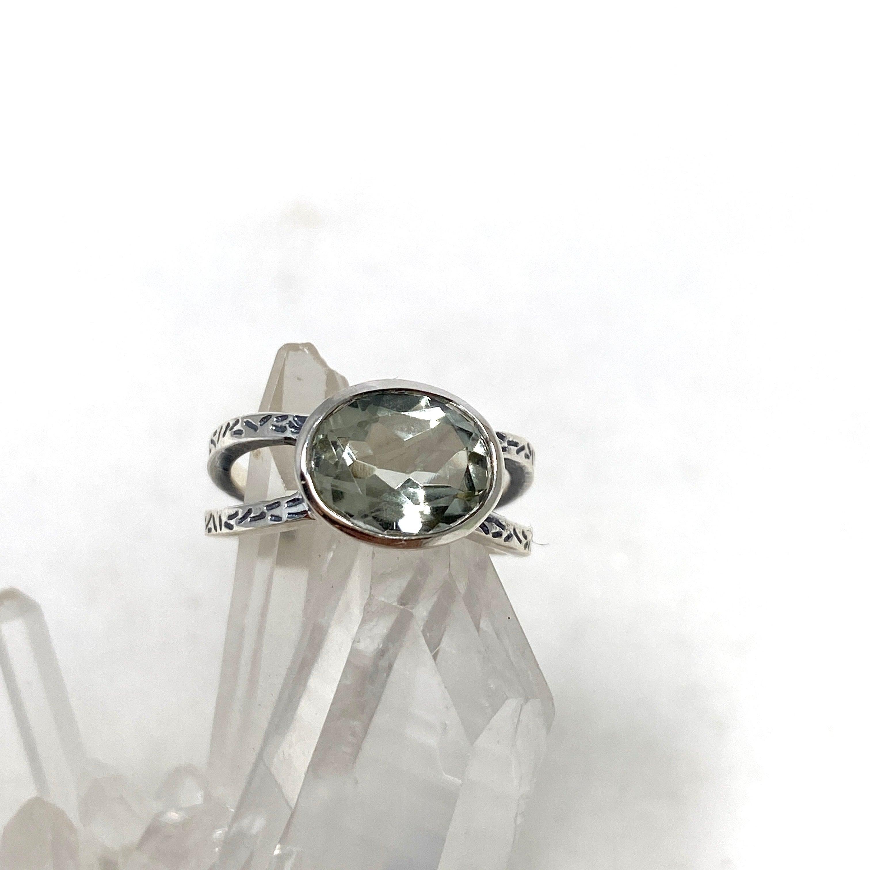 Prasiolite Faceted Oval Split Band Ring - Elegant Green Gemstone Jewelry for Women, Perfect for Weddings, Parties & Special Occasions