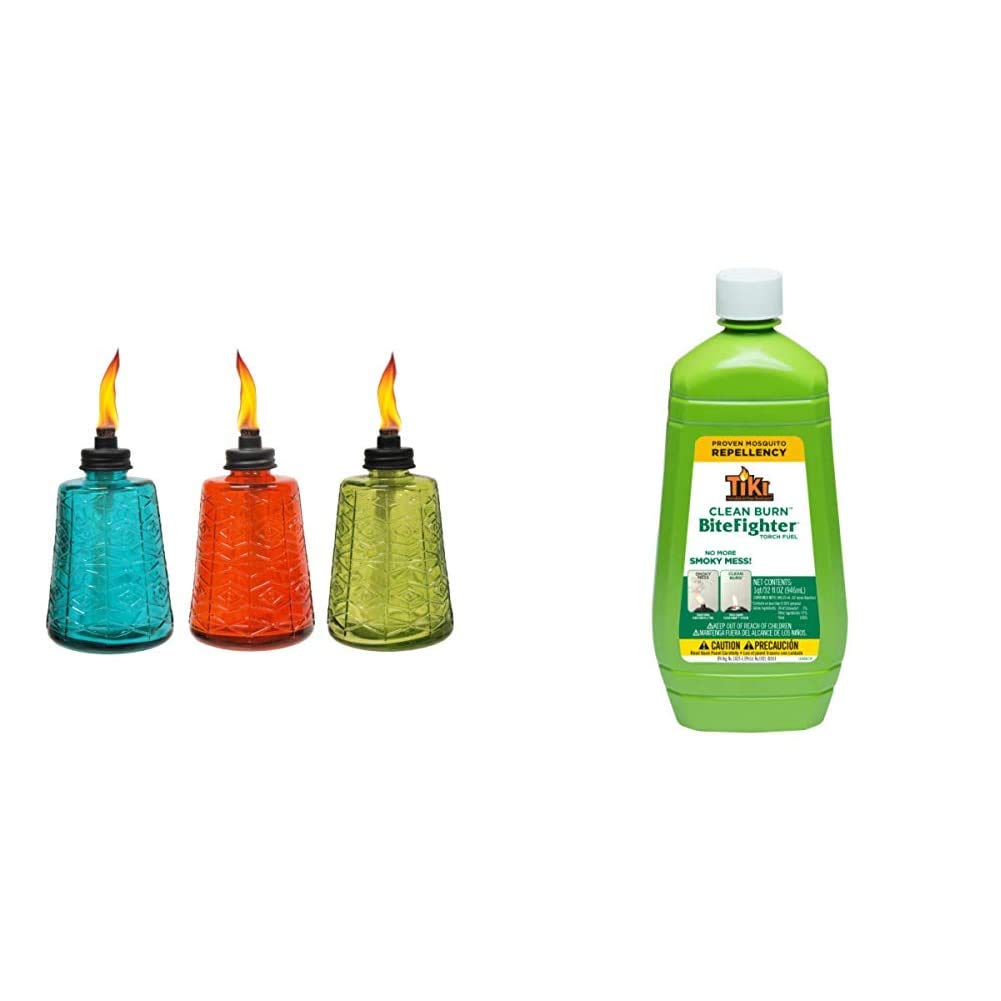 TIKI 6-Inch Molded Glass Table Torch Set of 3 (Red, Green, Blue) with Clean Burn BiteFighter Torch Oil 32oz - Outdoor Patio, Garden, Backyard Decor & Mosquito Repellent for Parties, Camping, and Evening Ambiance