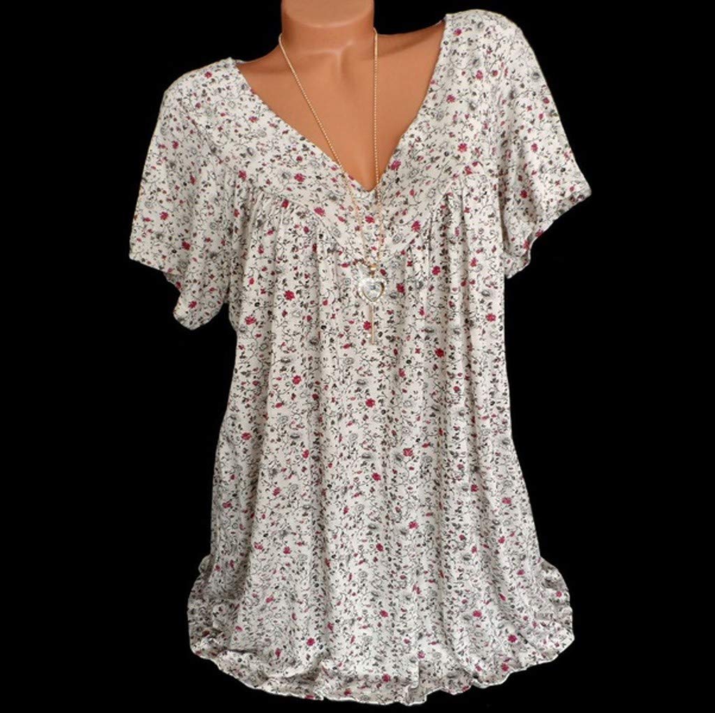 Oversized Flowy Tops for Women - Short Sleeve V-Neck Pleated Floral Blouse, Summer Casual Tunic Tee in Plus Sizes | Perfect for Beach Outings, Brunch Dates & Weekend Relaxation