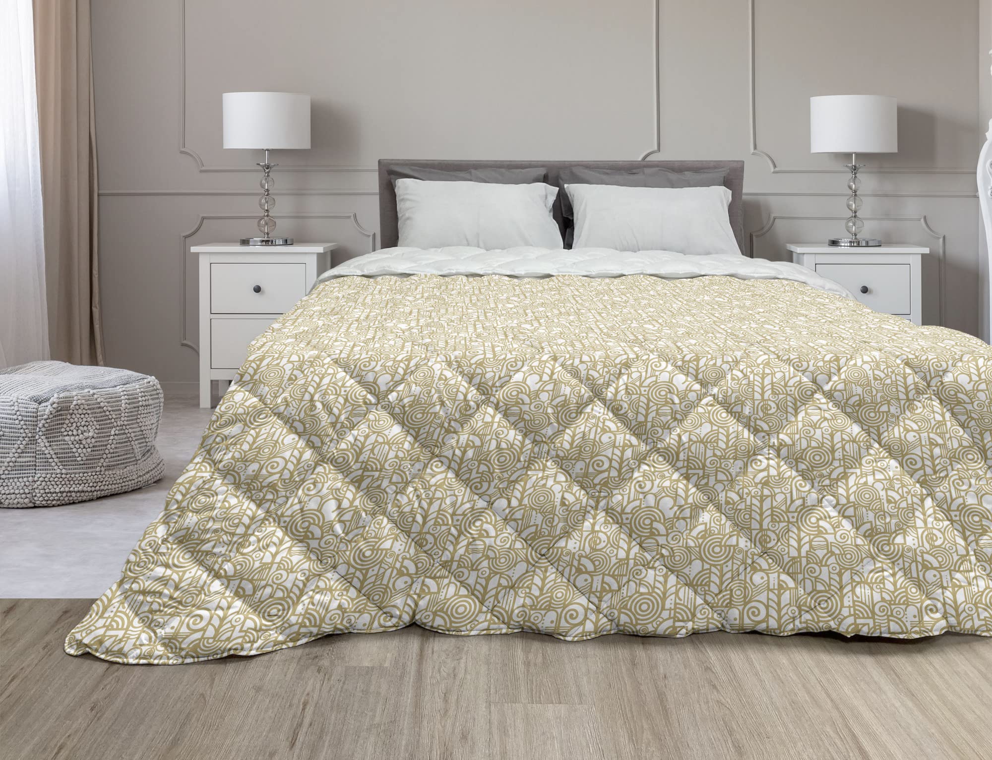 Ambesonne Tribal Down Alternative Comforter - Geometric Bohemian Microfiber Quilt for All Seasons | Twin Size Khaki & White | Perfect for Bedroom Decor, Guest Room & Bohemian Style Homes