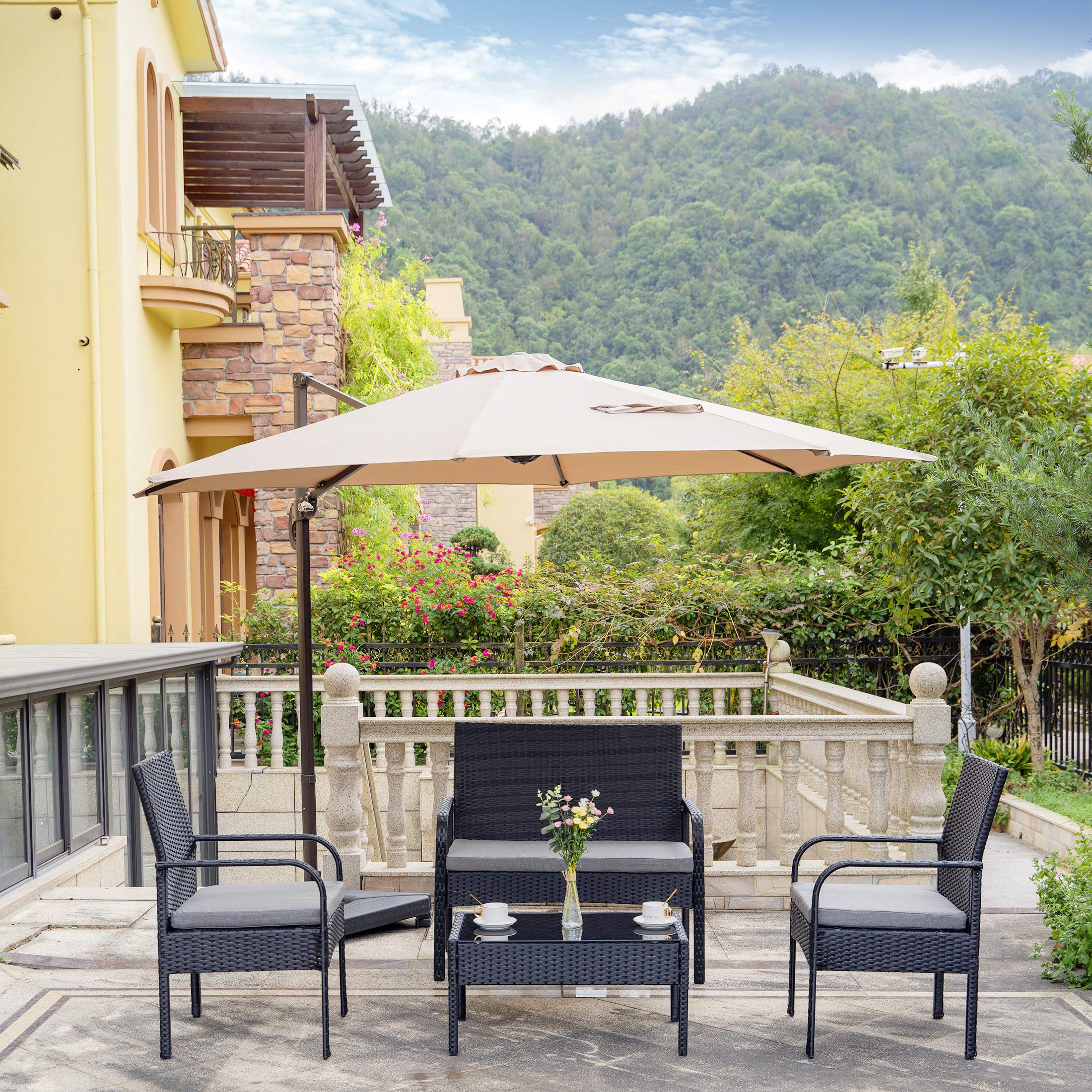 WestinTrends Roadhill 4-Piece All-Weather PE Rattan Patio Furniture Set - Black & Gray Wicker Loveseat with Tempered Glass Coffee Table - Perfect for Outdoor Garden, Poolside, and Backyard Relaxation