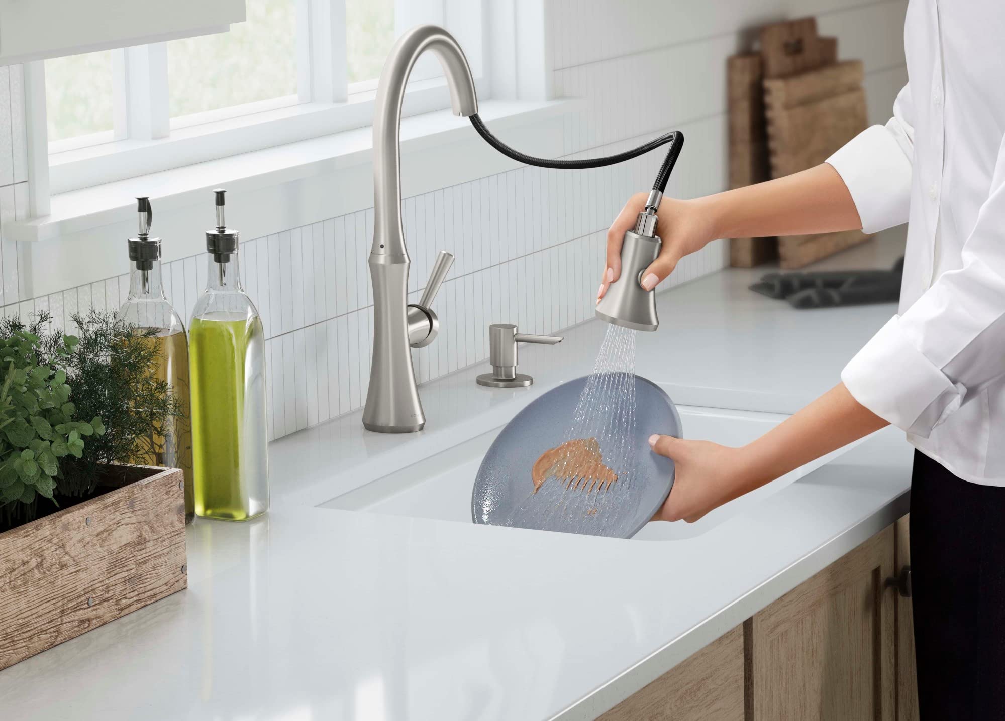 Kohler R28706-SD-VS Kaori Single Handle Pull Down Sprayer Kitchen Faucet with Soap Dispenser in Vibrant Stainless - Perfect for Modern Kitchens & Easy Dishwashing