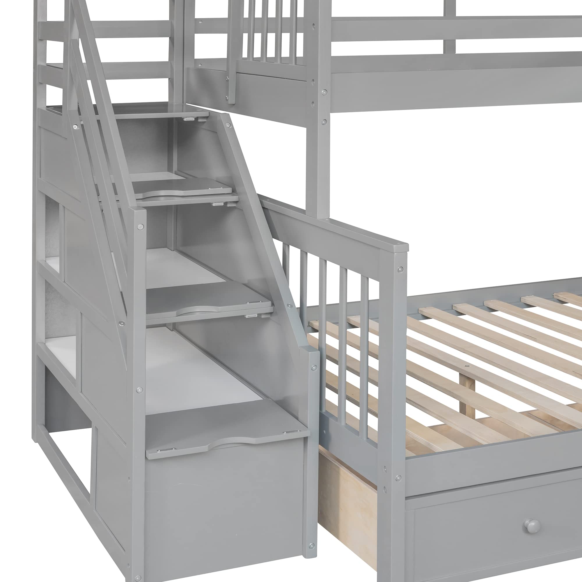 Modern L-Shaped Solid Wood Triple Bed with Storage Staircase - Twin over Full Bunk Bed with 3 Drawers, Loft Bed Frame with Ladder & Safety Guardrail for Adults, Teens & Kids - Space-Saving Solution for Small Bedrooms, Guest Rooms & Dorm Rooms (Grey)