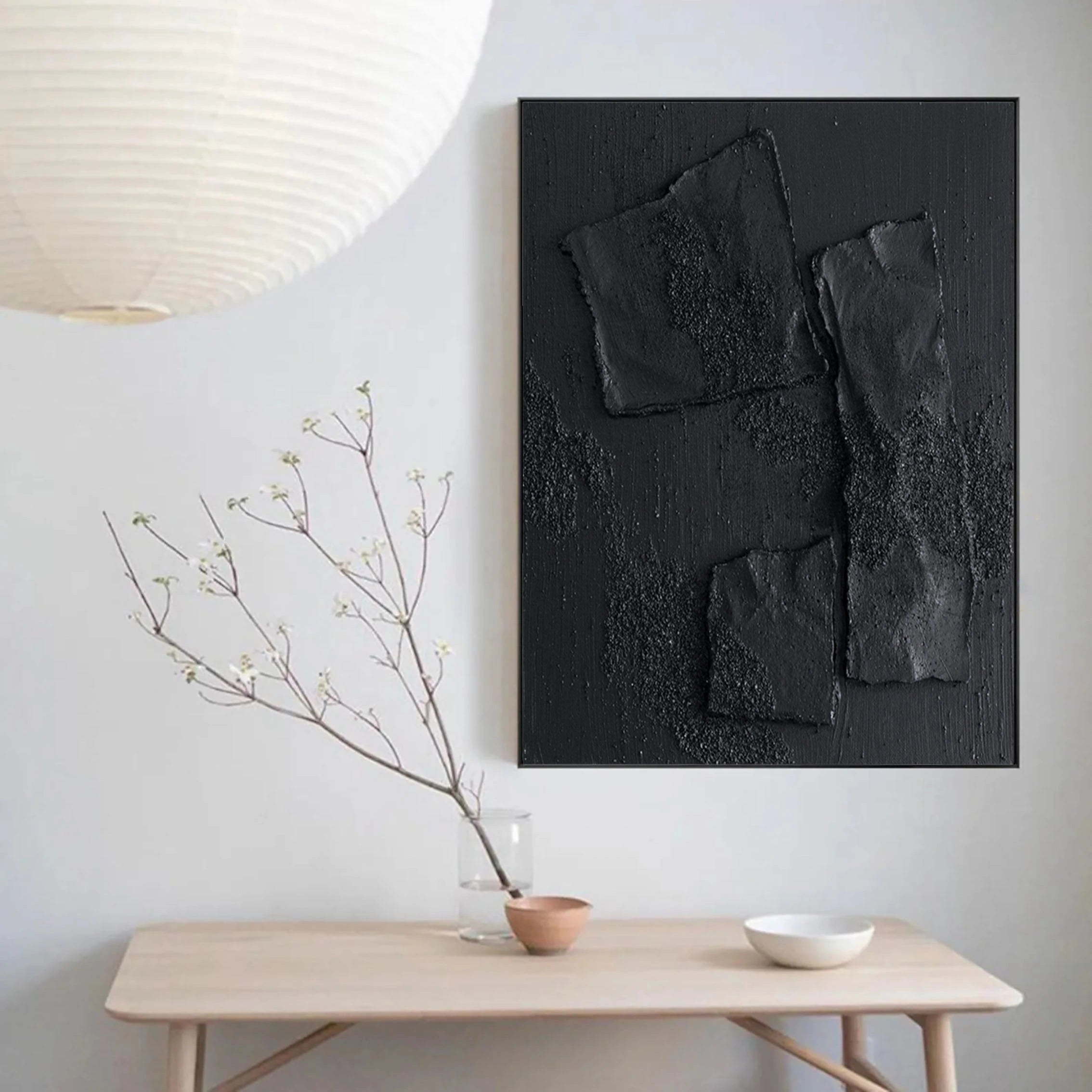 Black Plaster Art Minimalist Textured Painting - Modern Abstract Wall Decor for Living Room, Bedroom & Office | Vertical Canvas Art #MZ004