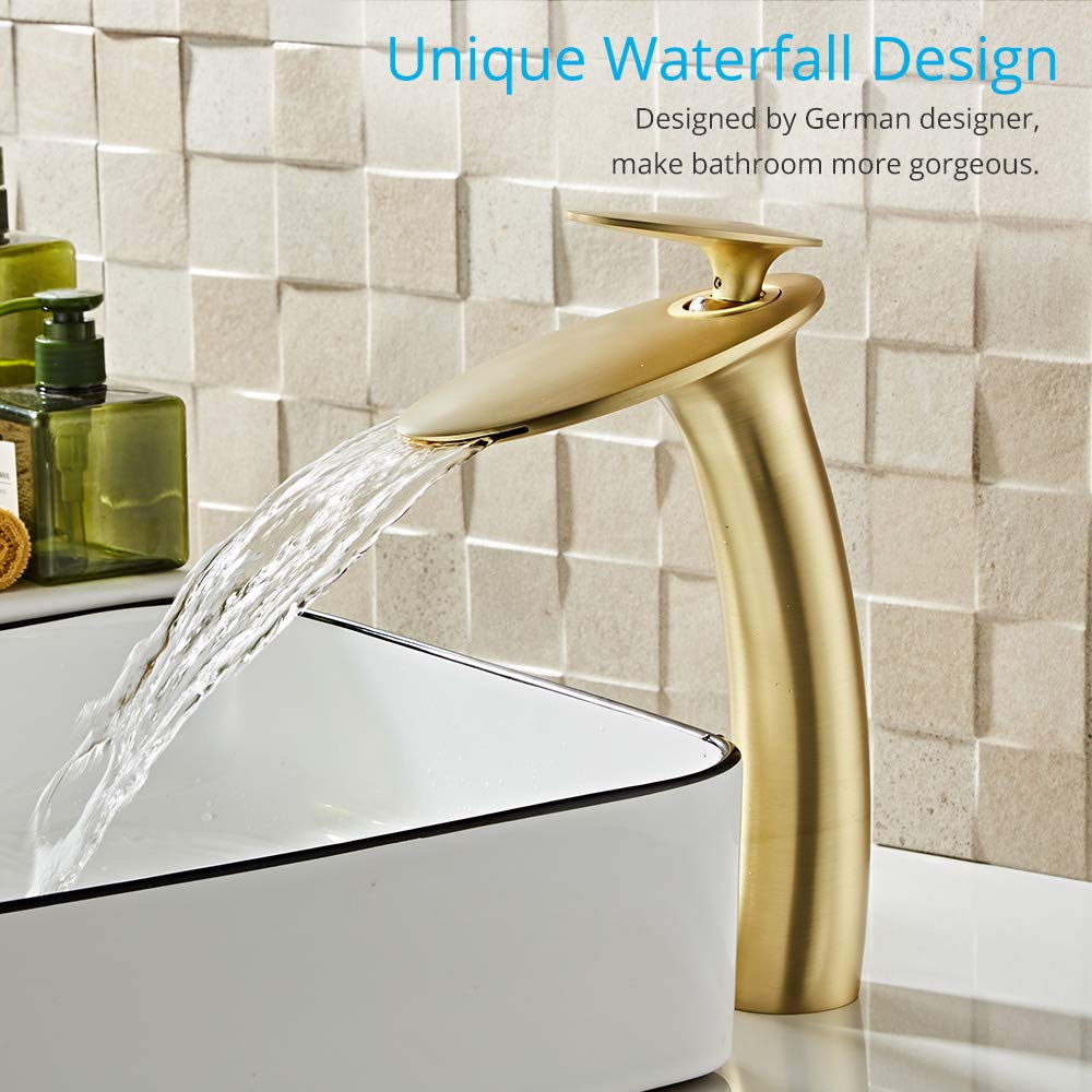 Wovier Brushed Gold Waterfall Bathroom Sink Faucet with Pop-Up Drain - Single Handle Brass Vanity Faucet for Bathroom & Powder Room - Tall Slanted Basin Mixer Tap with Supply Hoses - Perfect for Modern Bathrooms, Guest Suites & Luxury Home Renovations