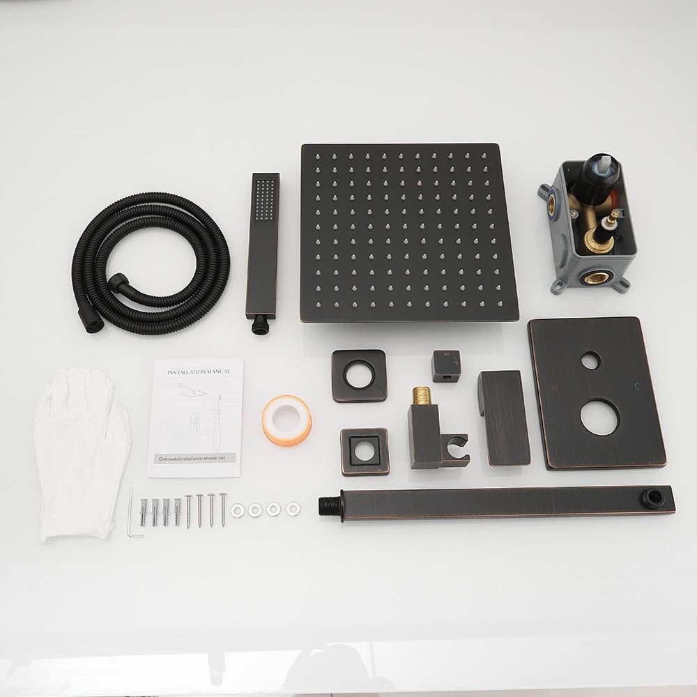 Oil Rubbed Bronze Rain Shower Faucet Set - 10 Inch Square Shower Head with Handheld & Waterfall Spray - All Metal Shower System with Valve Trim Repair Kit - Perfect for Bathroom Renovation & Luxury Spa Experience