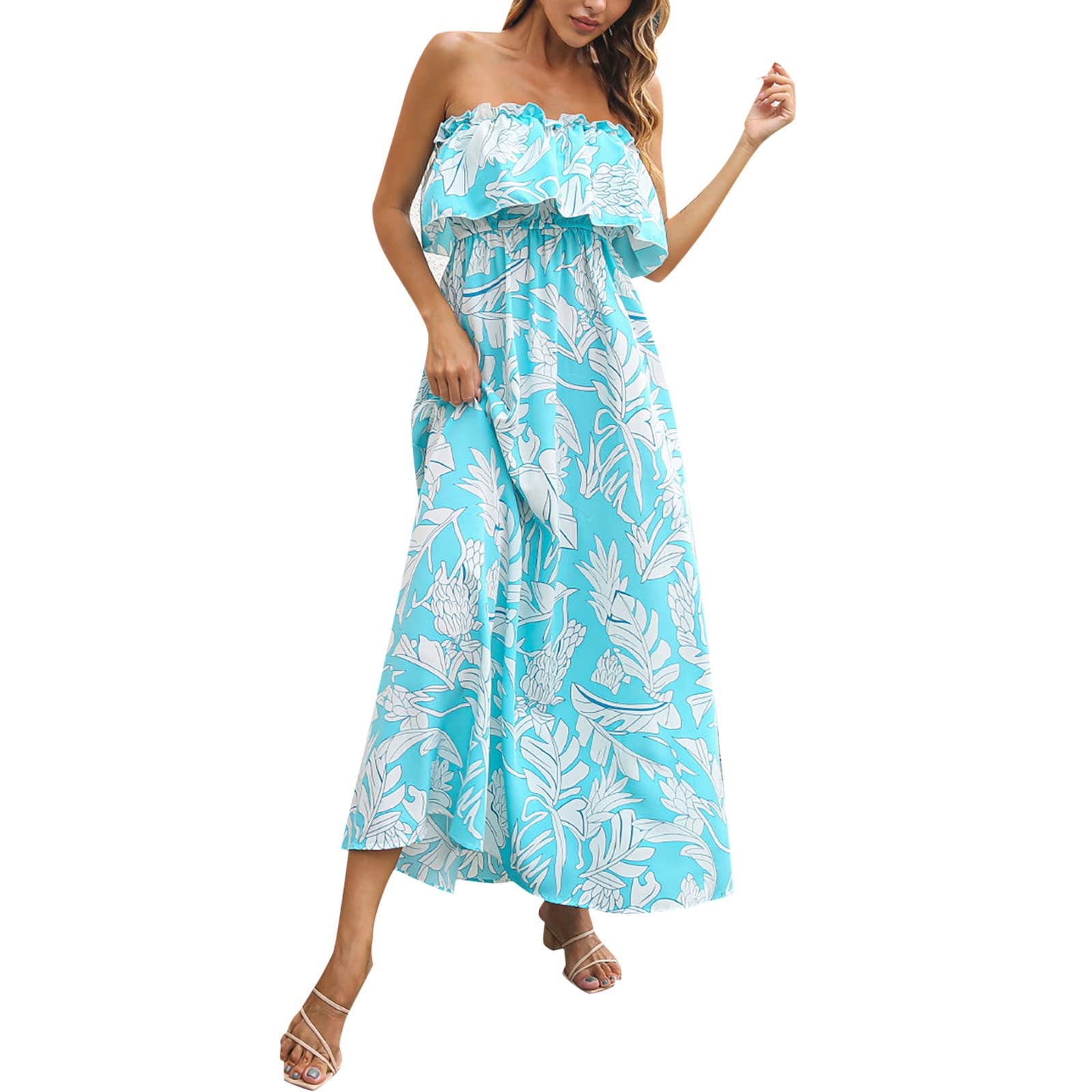 Women's Summer Off The Shoulder Maxi Dress - Strapless Ruffle Boho Dress in Blue & White Porcelain Print | Perfect for Beach Vacations, Music Festivals & Casual Outings