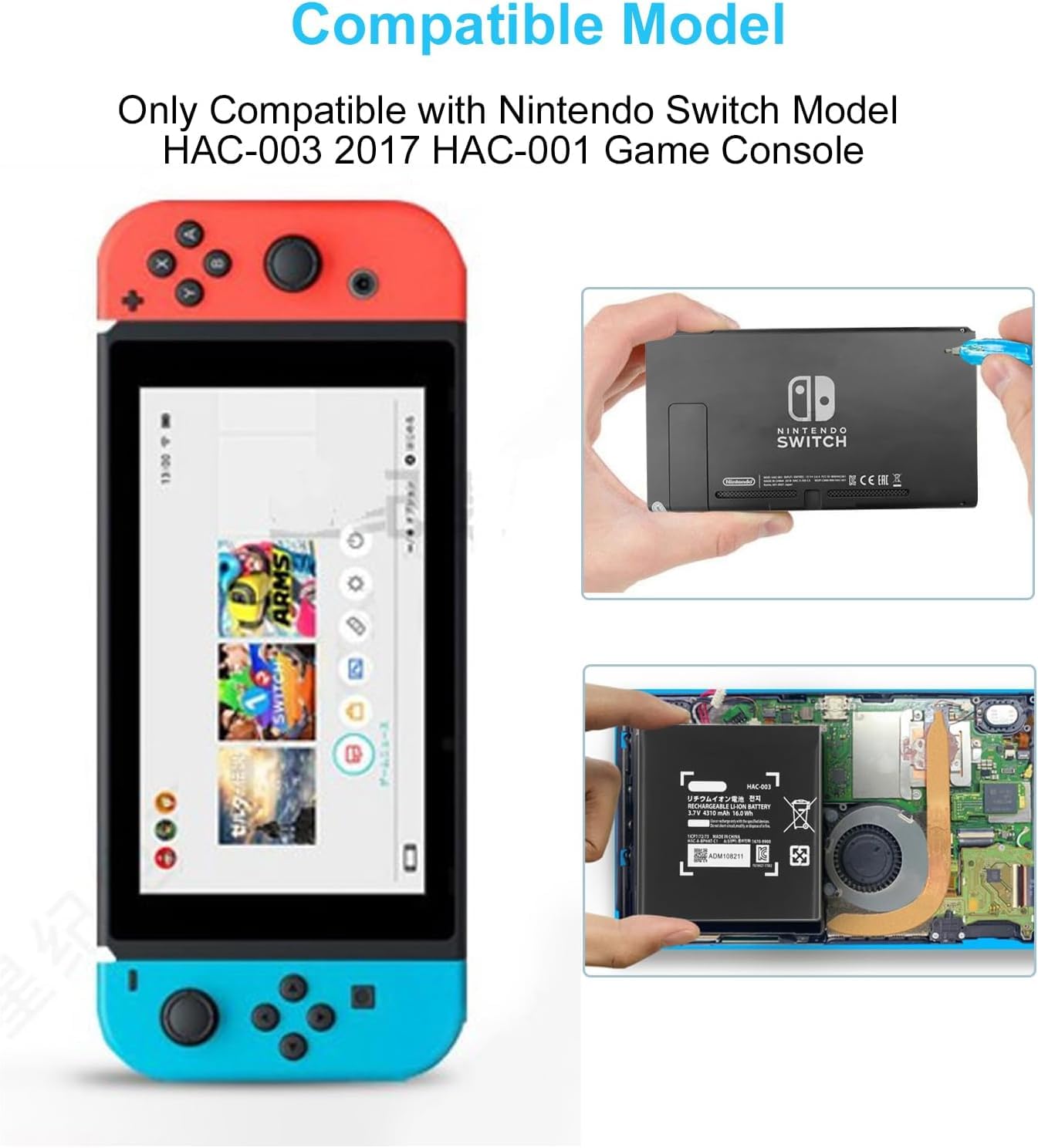 YISHDA 4310mAh Replacement Battery Compatible with Nintendo Switch 2017 HAC-001/HAC-003 - Internal Battery with Screwdriver Repair Tool Kit for Enhanced Gaming Experience at Home or Travel