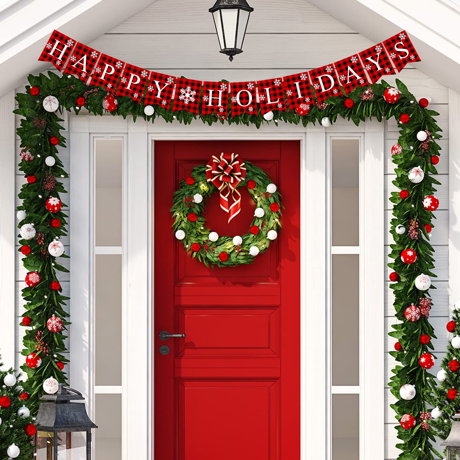 Plaid Happy Holidays Banner - Rustic Burlap Christmas Bunting for Wall & Fireplace Decor - Perfect for Holiday Parties, Home & Office Christmas Decorations