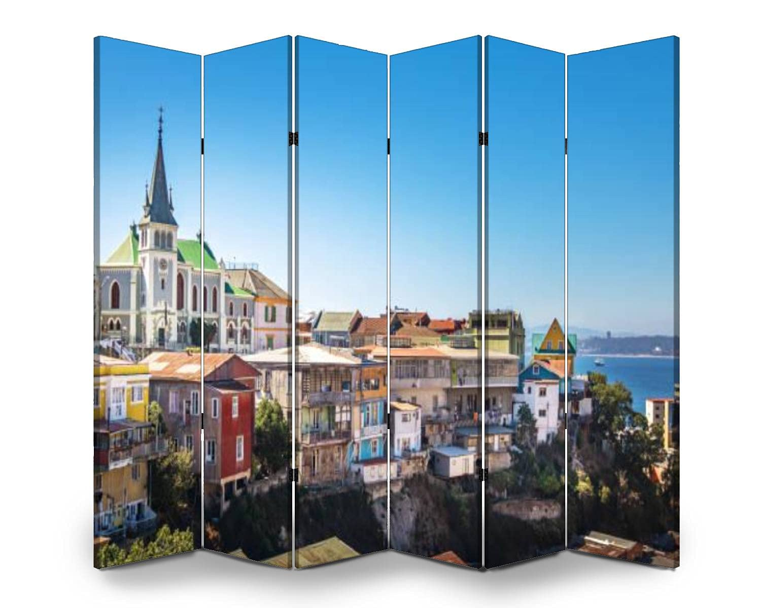 Valparaiso Skyline Wooden Room Divider with Lutheran Church - 6-Panel Folding Privacy Screen, Dual-Sided Canvas Partition for Home & Office Decor - Perfect for Living Room Separation, Bedroom Privacy, and Indoor Display Shelves