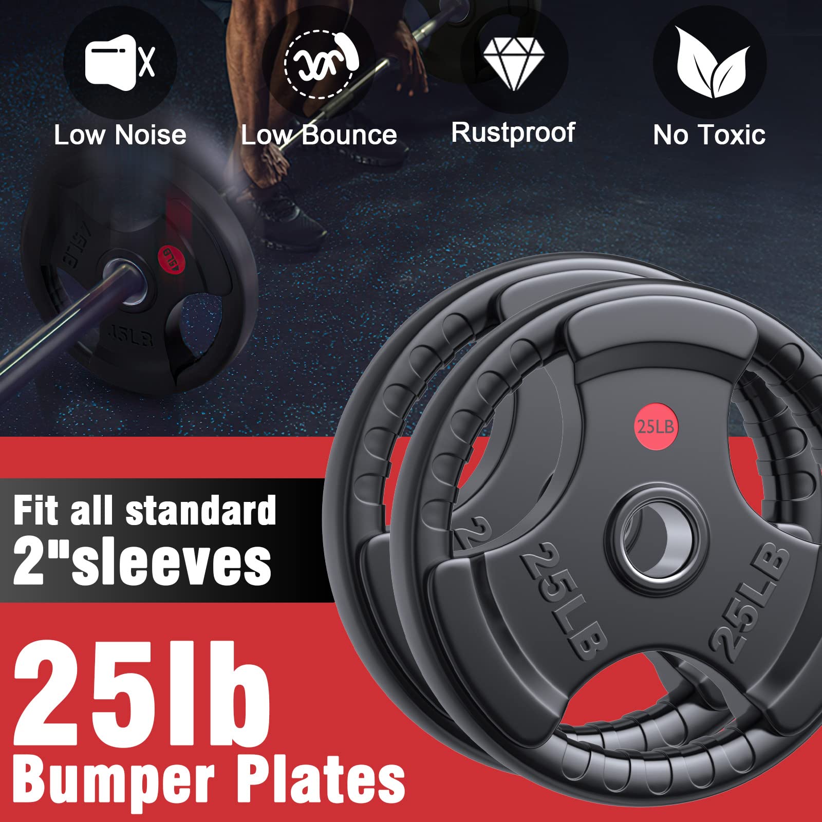 GIKPAL Olympic Rubber Grip Weight Plates Set - 2-Inch Hole Solid Cast Iron Core for Home Gym Strength Training (10lb-45lb) | Perfect for Weightlifting, CrossFit & Powerlifting Workouts