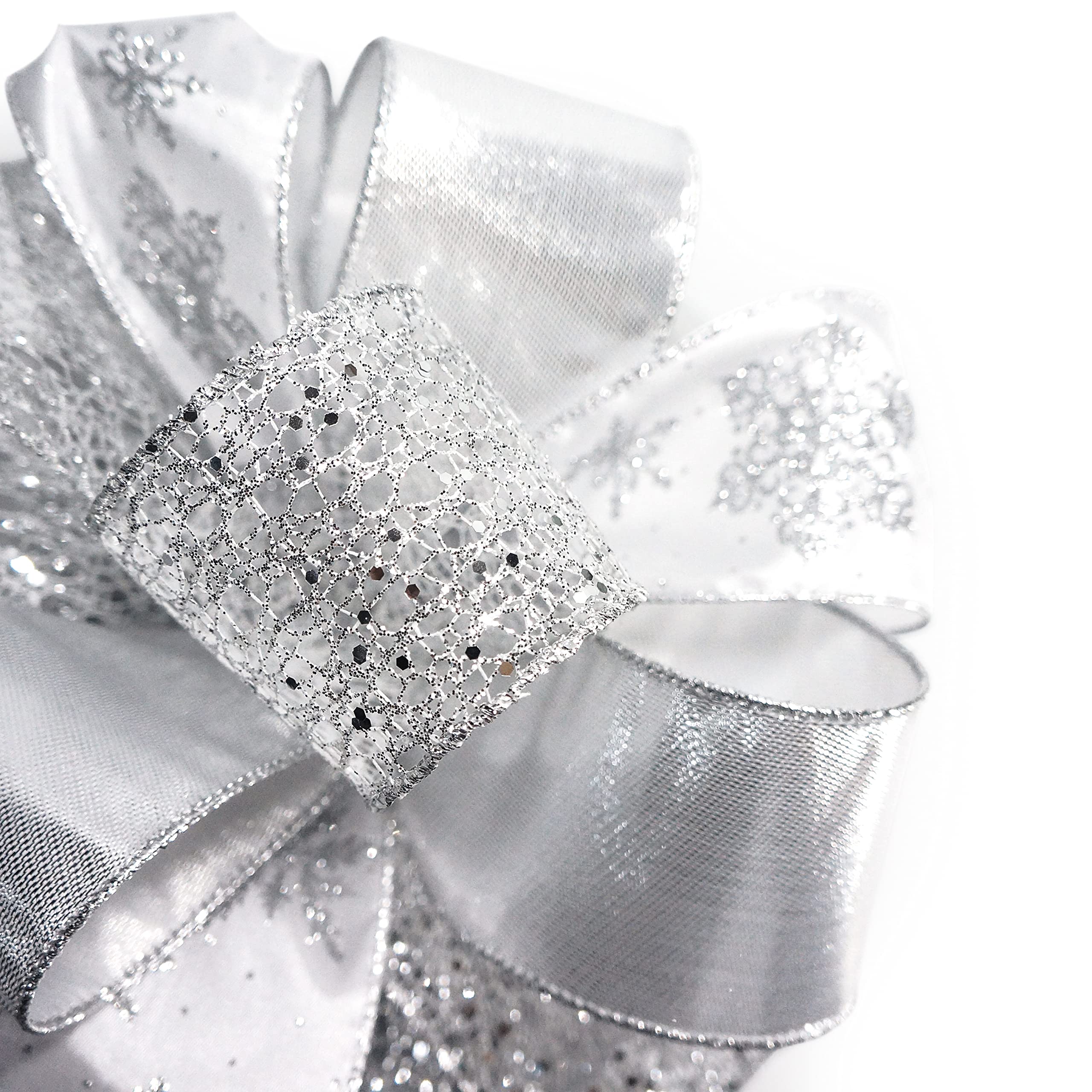 CT CRAFT LLC Silver Snowflake Christmas Tree Topper Bow - 11 Inch with 4 Ribbon Streamers (3 Yards Each) for Holiday Decorations, Elegant Home Décor - Perfect for Christmas Trees, Gift Wrapping & Festive Indoor Decor