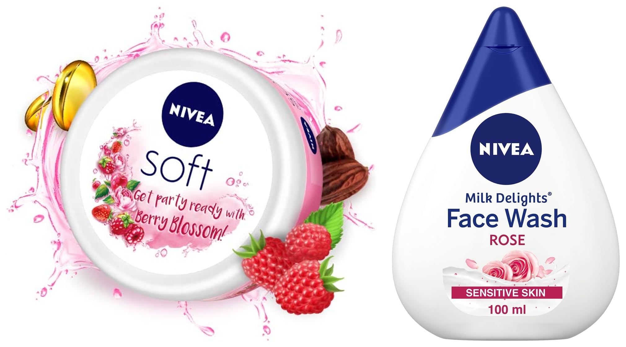 NIVEA Soft Light Moisturizing Cream with Berry Blossom - 100ml Hydrating Face Cream for Dry & Sensitive Skin | NIVEA Milk Delights Rosewater Face Wash for Sensitive Skin - 100ml Gentle Cleanser | Daily Skincare Routine for Soft, Glowing Skin