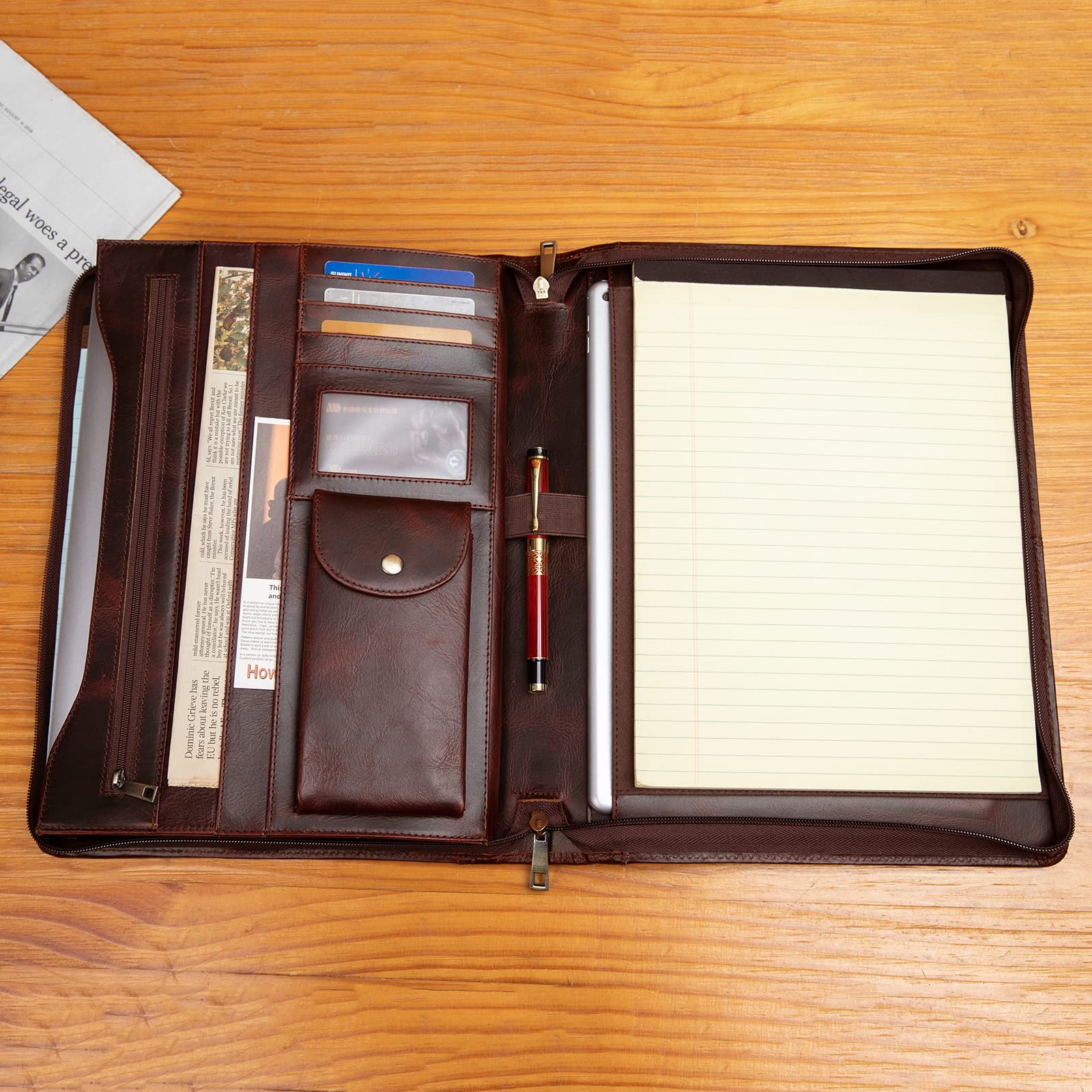Handmade Crazy-Horse Leather Padfolio Portfolio Case - Premium Business Organizer with Zippered Closure for Tablet & Letter Size Notepad - Engravable Oil Wax Leather Gift for Women & Men - Perfect for Office, Meetings & Professional Use