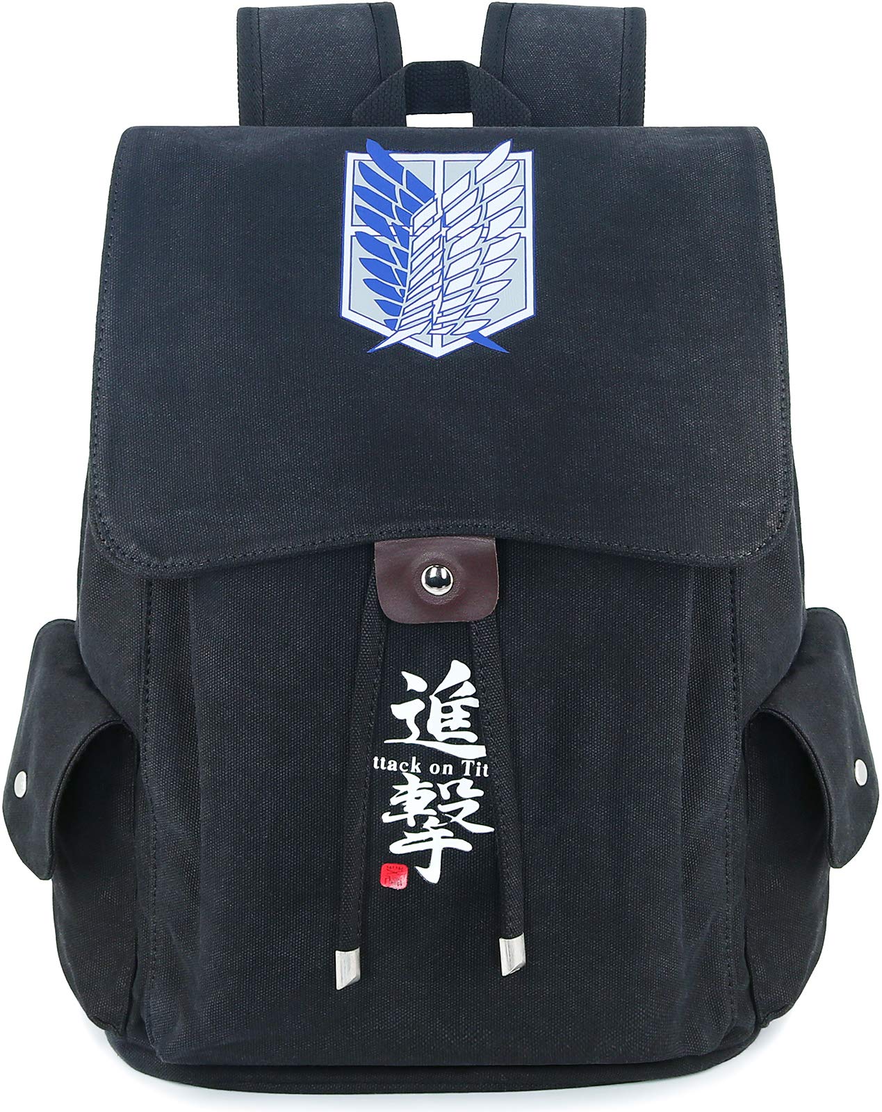 Roffatide Anime Attack on Titan Canvas Backpack for Men - Stylish College Book Bag with Drawstring Flap | Printed Daypack in Black | Perfect for School, Travel & Anime Conventions