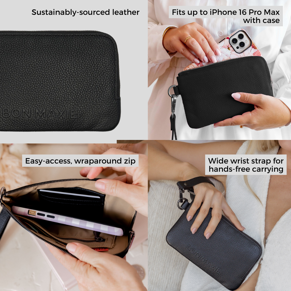 Premium Genuine Leather Phone Wallet Pouch - Slim RFID Blocking Card Holder for iPhone & Samsung - Black Gingham Pattern - Perfect for Travel, Work & Everyday Use