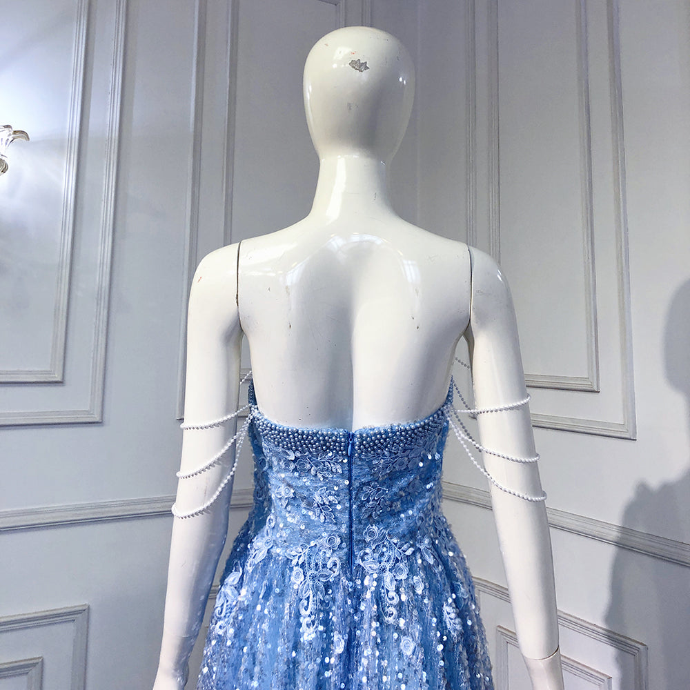 Elegant Blue A-Line Beaded Evening Gown for Women - Sparkling Luxury Dress for Weddings, Parties & Special Occasions - Serene Hill Collection 2025