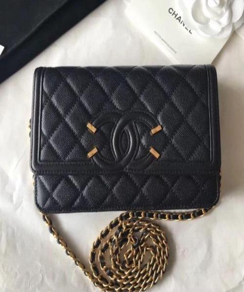 Chanel Wallet On Chain WOC CC Filigree Black Grained Calfskin Crossbody Bag - Luxury Designer Purse for Women, Perfect for Evening Parties & Daily Use