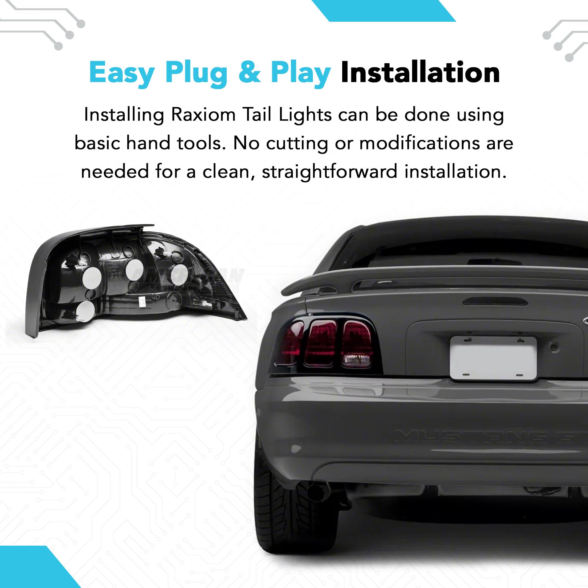 Raxiom Smoked Tail Lights Assembly for Ford Mustang 1996-1998 - LED Brake Lights with Iconic Design - Upgrade Your Mustang's Rear Style for Night Driving & Car Shows