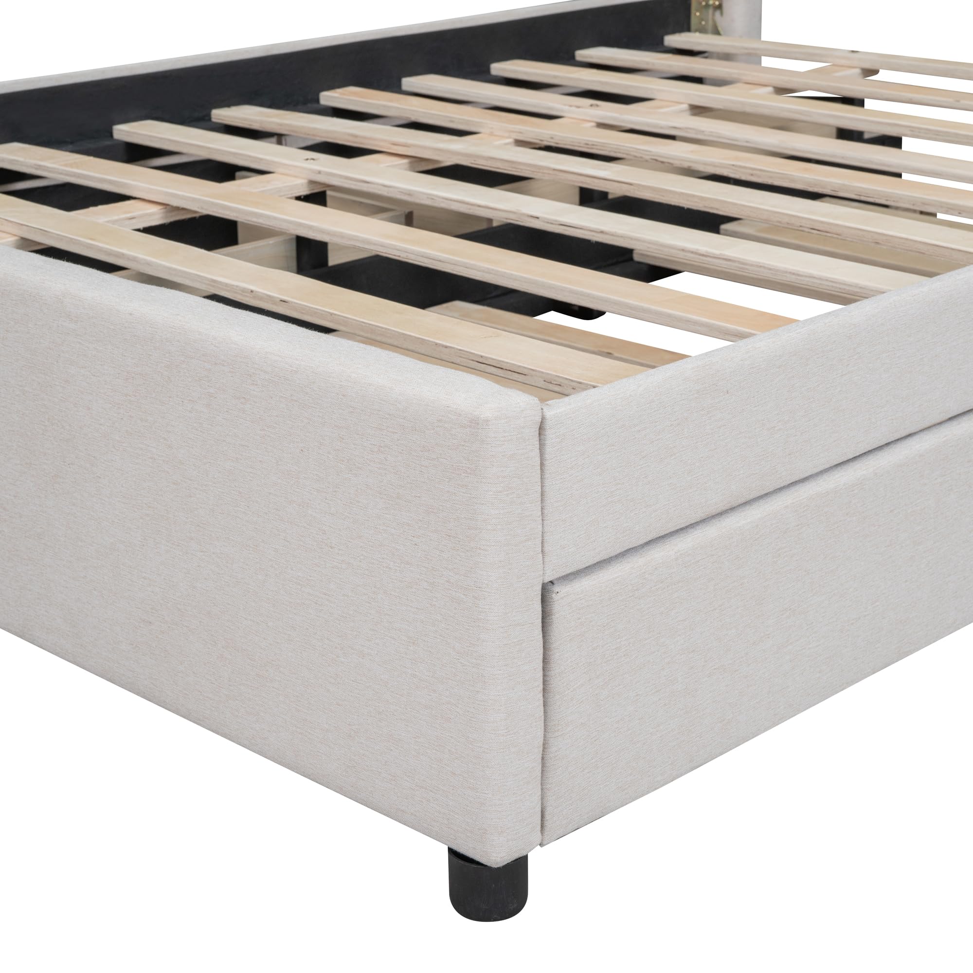 SOFTSEA Full Size Upholstered Platform Bed with Twin Trundle & Storage Drawers - Linen Fabric Bed Frame with Tufted Headboard & Nailhead Trim in Beige - Perfect for Guest Rooms, Small Spaces & Modern Bedroom Decor