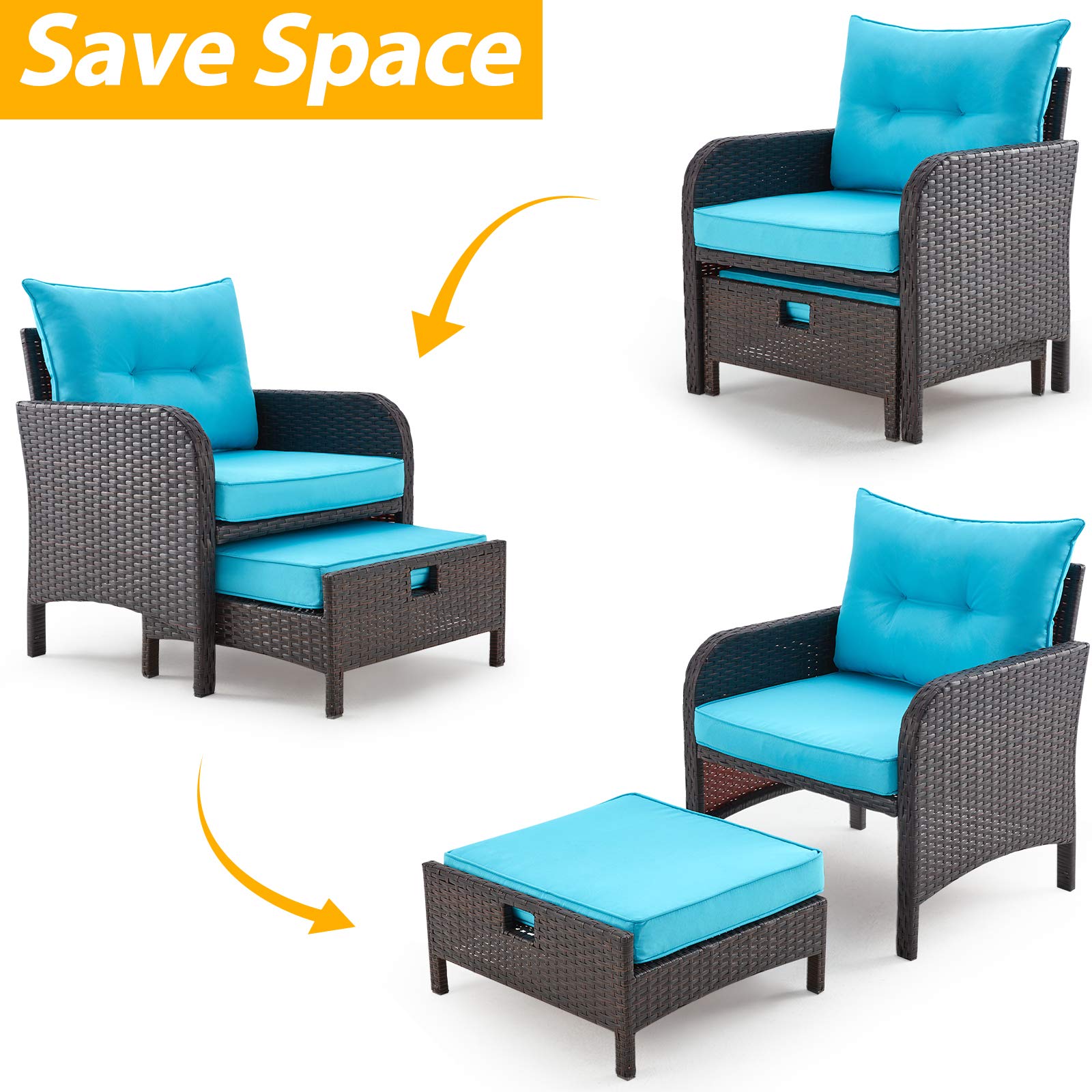 AVAWING 5-Piece Outdoor Patio Furniture Set - Rattan Wicker Chairs with Tempered Glass Coffee Table, Ottomans & Soft Cushions - Weather-Resistant Garden, Porch, Deck, Balcony Conversation Set (Blue) - Perfect for Backyard Relaxation, Poolside Lounging & Outdoor Entertaining