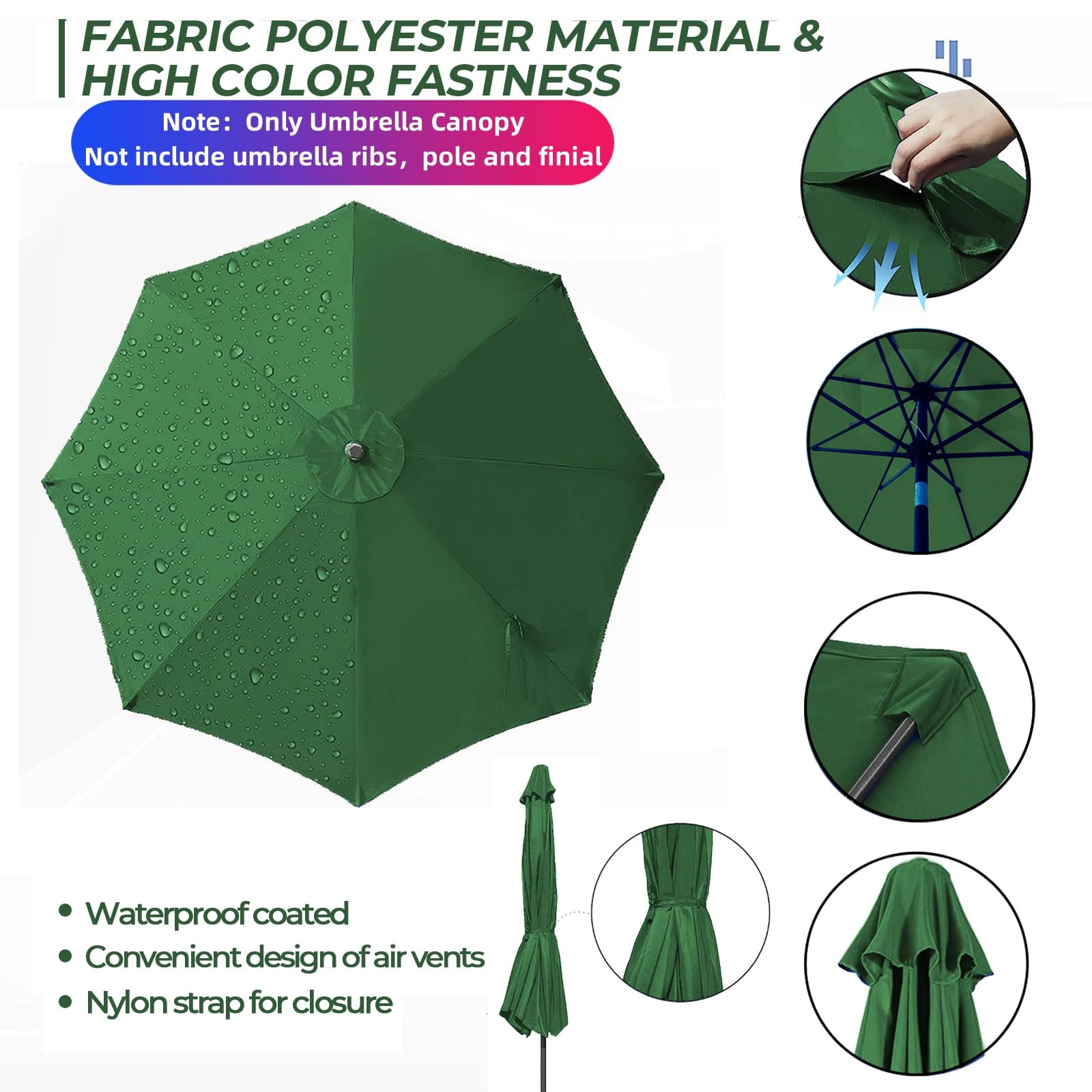 9ft Replacement Canopy for Patio Umbrella - Durable Outdoor Table Market Umbrella Top with 8 Ribs - Perfect for Backyard, Garden, Poolside & Outdoor Dining Areas