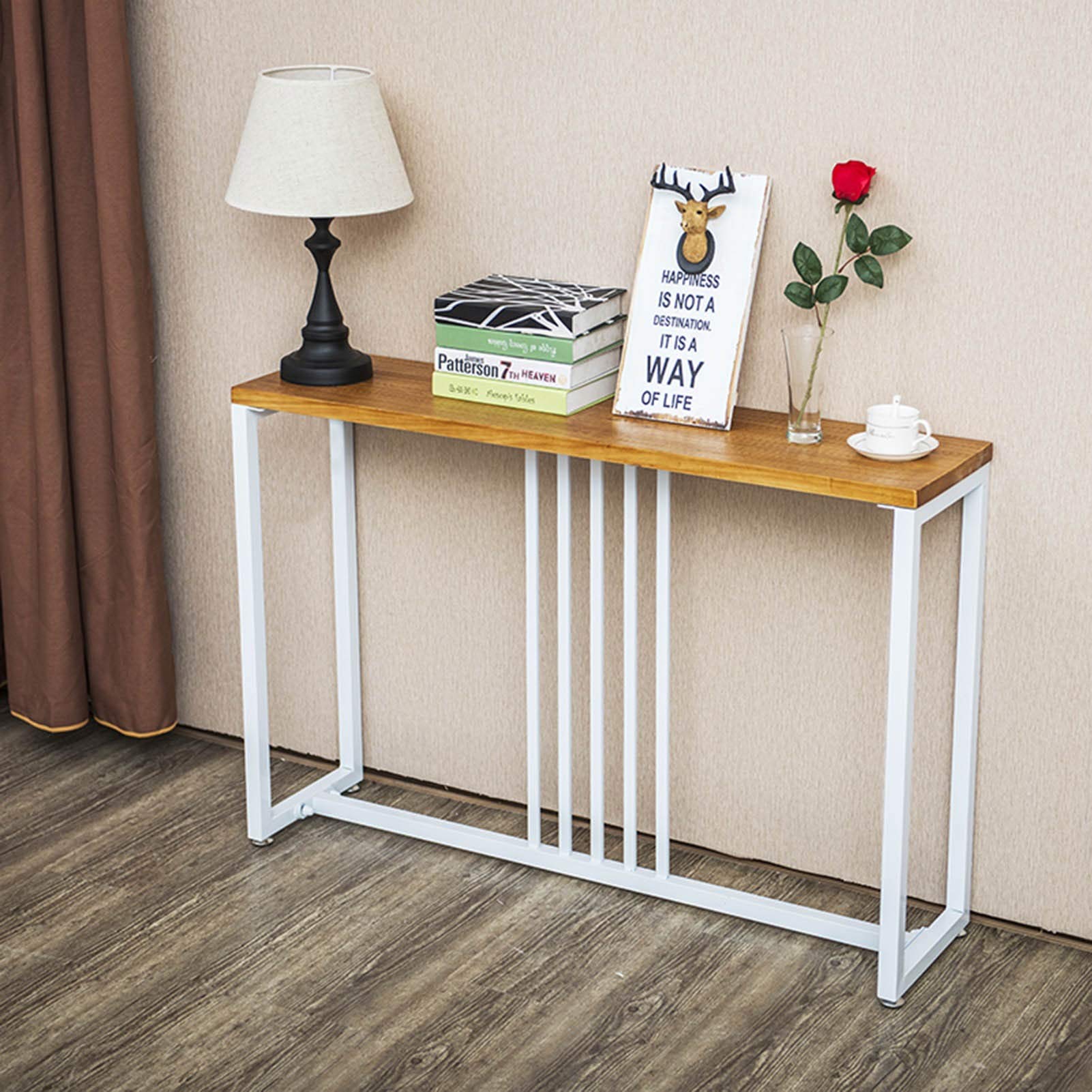 Iron Art Narrow Long Dining Table - Solid Wood Side Table for Small Spaces | Perfect for Apartments, Kitchens & Hallways (Color: A)