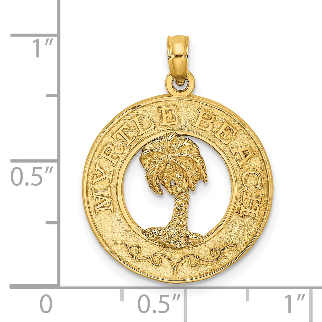 14k Yellow Gold Myrtle Beach Round Frame Necklace with Palm Tree Charm - Perfect for Beach Vacations, Summer Outfits, and Coastal-Inspired Jewelry Gifts