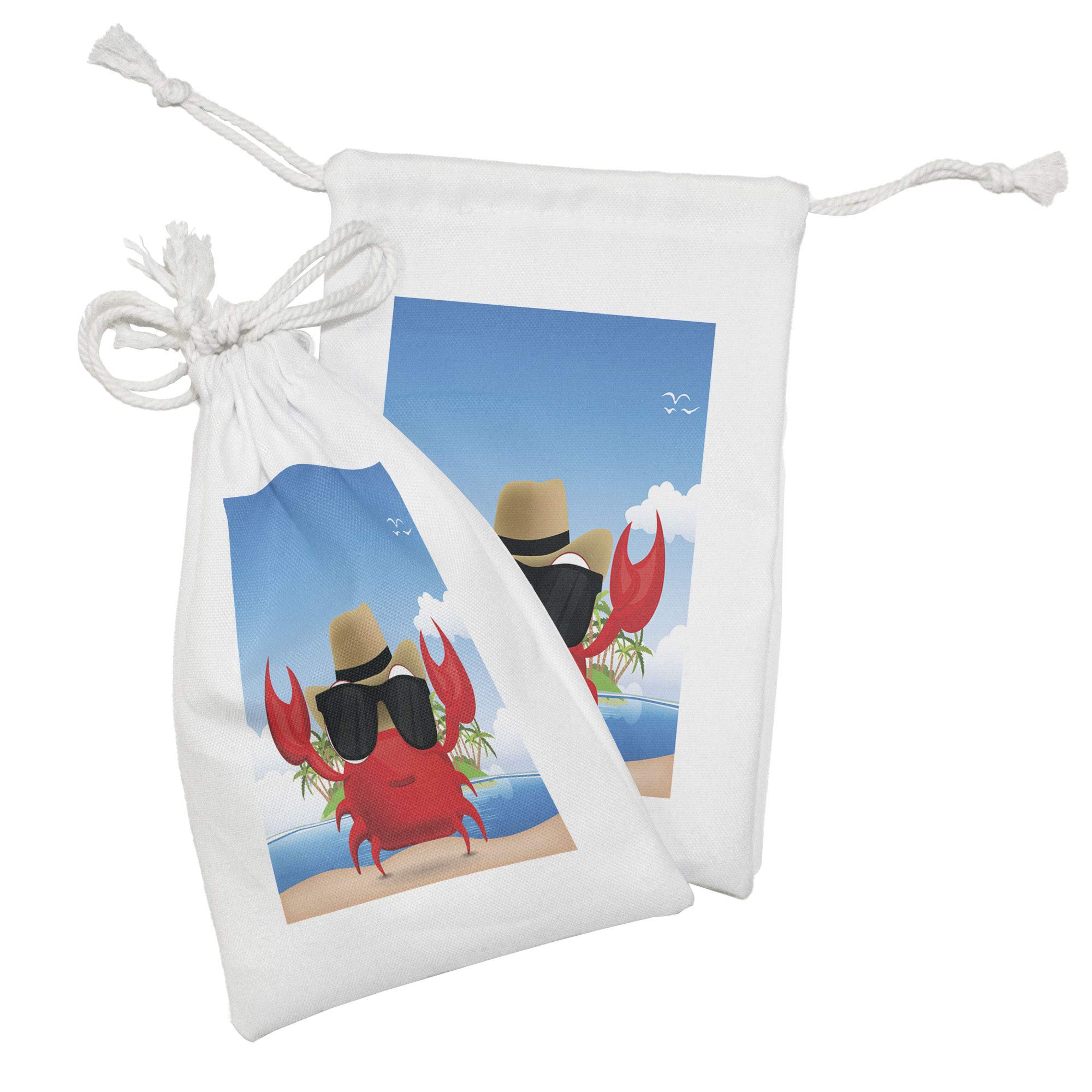 Ambesonne Crabs Fabric Pouch Set of 2 - Stylish Crustacean Design with Black Sunglasses & Hat - Tropical Island Summer Vacation Theme - 9