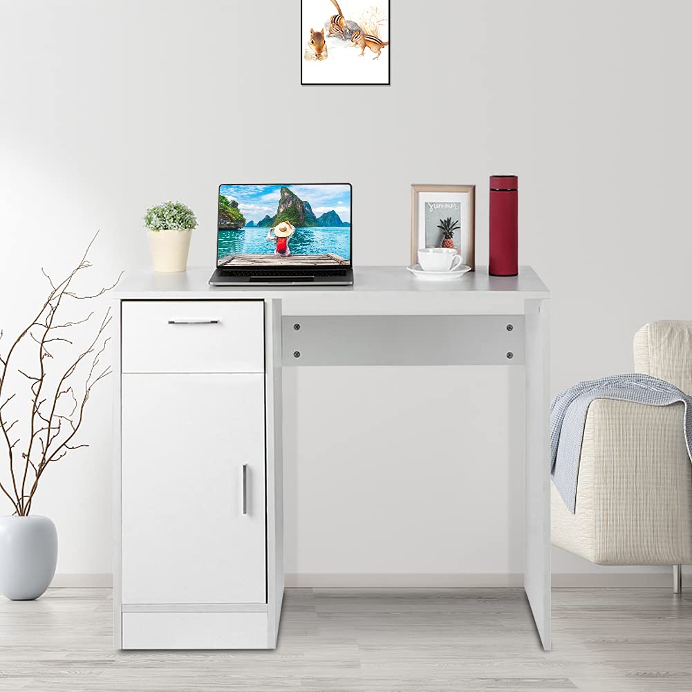 Compact White Computer Desk with Drawers - Small Space Home Office Workstation for Study & Writing | Ideal for Apartments, Dorm Rooms & Cozy Workspaces