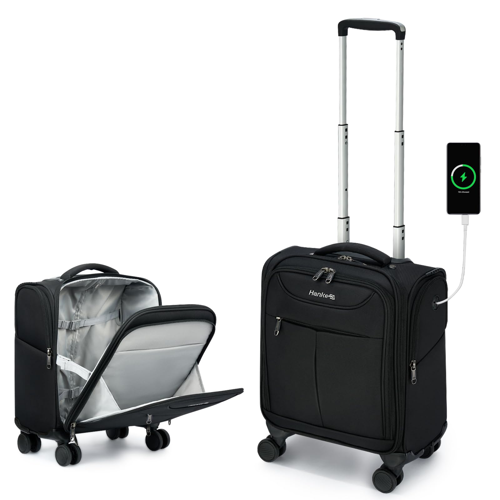 Hanke 16 Inch Underseat Carry On Luggage with 360° Spinner Wheels - Lightweight Airline Approved Softside Travel Bag for Women & Men - Compact Personal Item Suitcase Fits Under Airplane Seat (Black) | Perfect for Business Trips, Weekend Getaways & Cabin Luggage