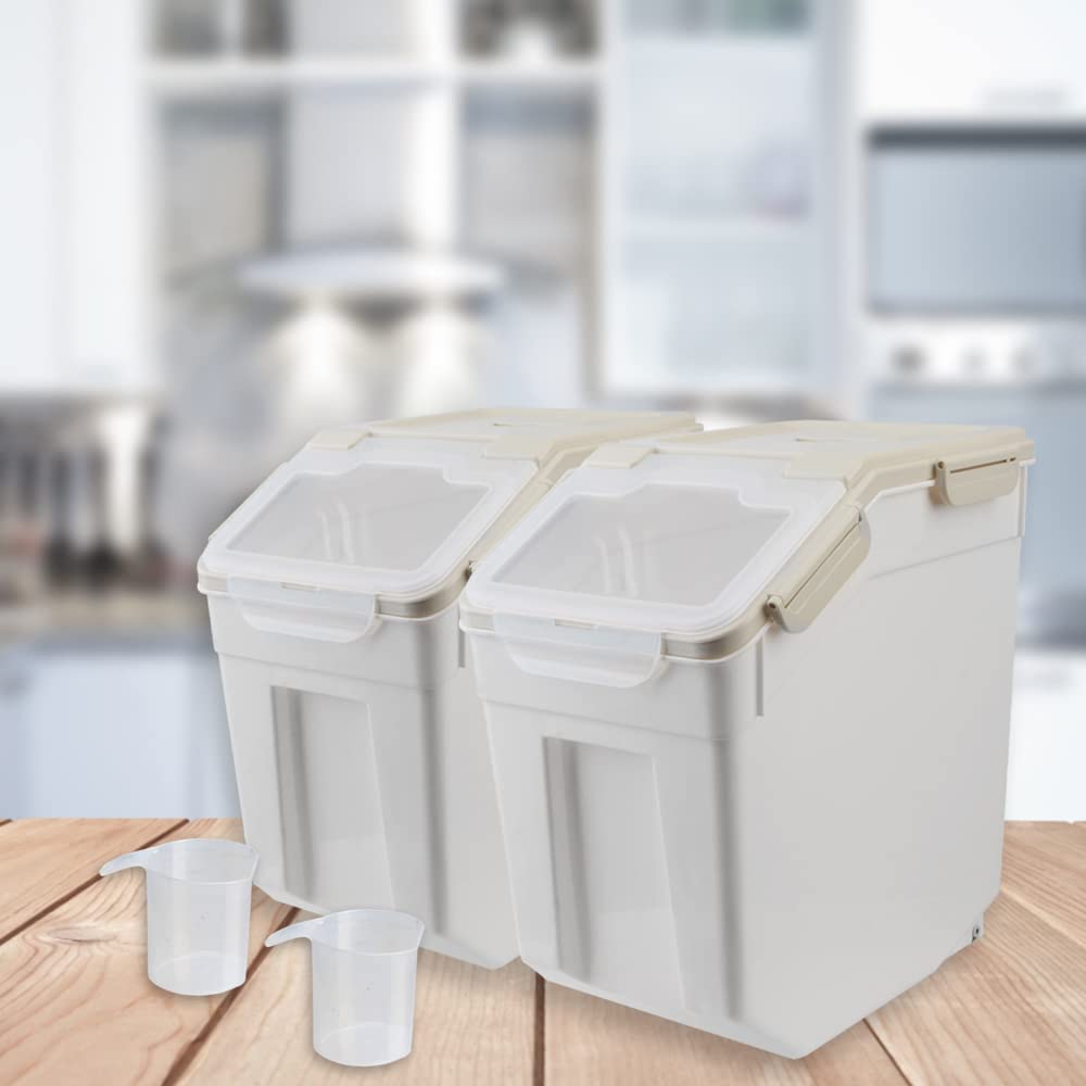 50lb Large Airtight Flour Storage Container with Wheels - 2 Pack BPA-Free Food Grade Rice & Grain Bin with Seal Locking Lid, Measuring Cup & Scoop - Perfect for Kitchen Pantry, Bulk Food Storage & Emergency Supplies (Gray)