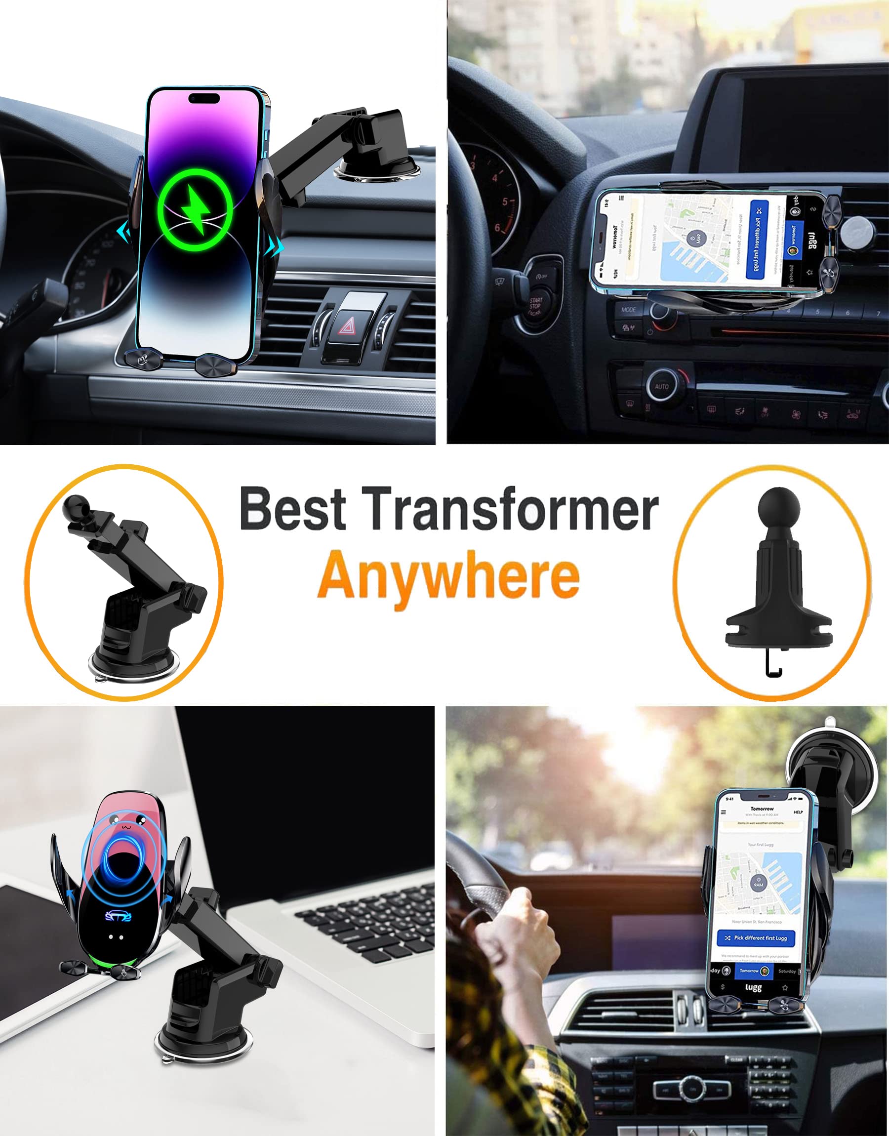 Fast Charging 15W Wireless Car Phone Holder - Auto Clamping Qi-Certified Charger Mount for iPhone 15/14/13/12 & Samsung Galaxy S23/S22 (All Qi-Enabled Phones) | Perfect for Road Trips & Commuting