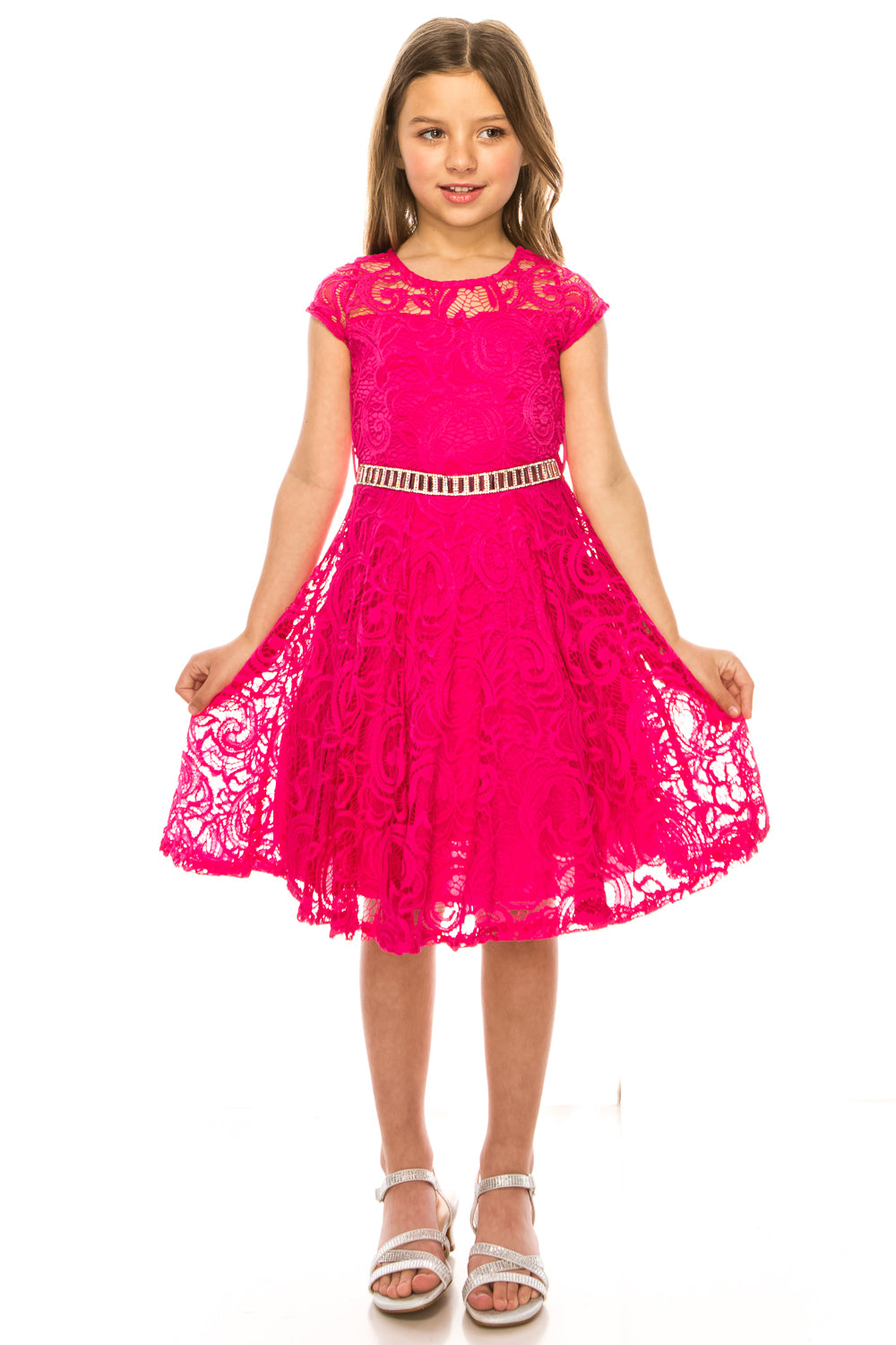 Elegant Big Girls Lace Glitter Stone Belt Party Dress for Special Occasions - Size 8-14 | Perfect for Birthday Parties, Pageants & Formal Events