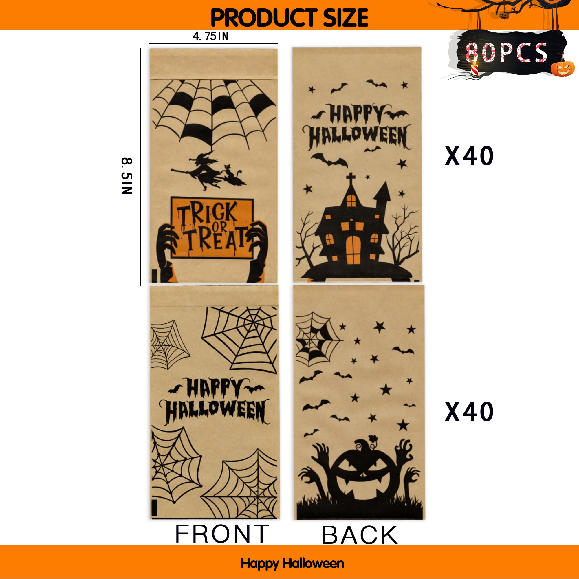 80PCS Halloween Treat Bags for Trick or Treating - Durable Candy Bags for Halloween Parties, School Events & Classroom Treats - Perfect for Kids Costume Parties & Neighborhood Trick or Treating