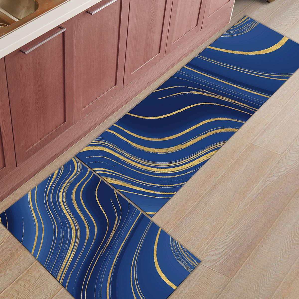 LooPoP Set of 2 Non-Slip Anti-Fatigue Kitchen Mats - Marble Design Waterproof & Oil-Proof Standing Comfort Mats (Yellow Abstract Pattern) - Perfect for Cooking, Dishwashing & Food Prep Areas