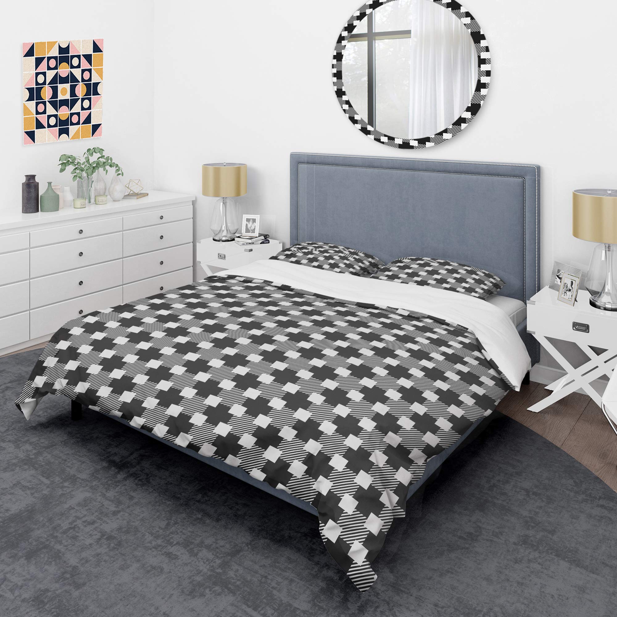 Mid-Century Modern Black Geometric Monochrome Duvet Cover Set King Size - 3 Piece All Season Bedding Set for Stylish & Cozy Bedroom Decor