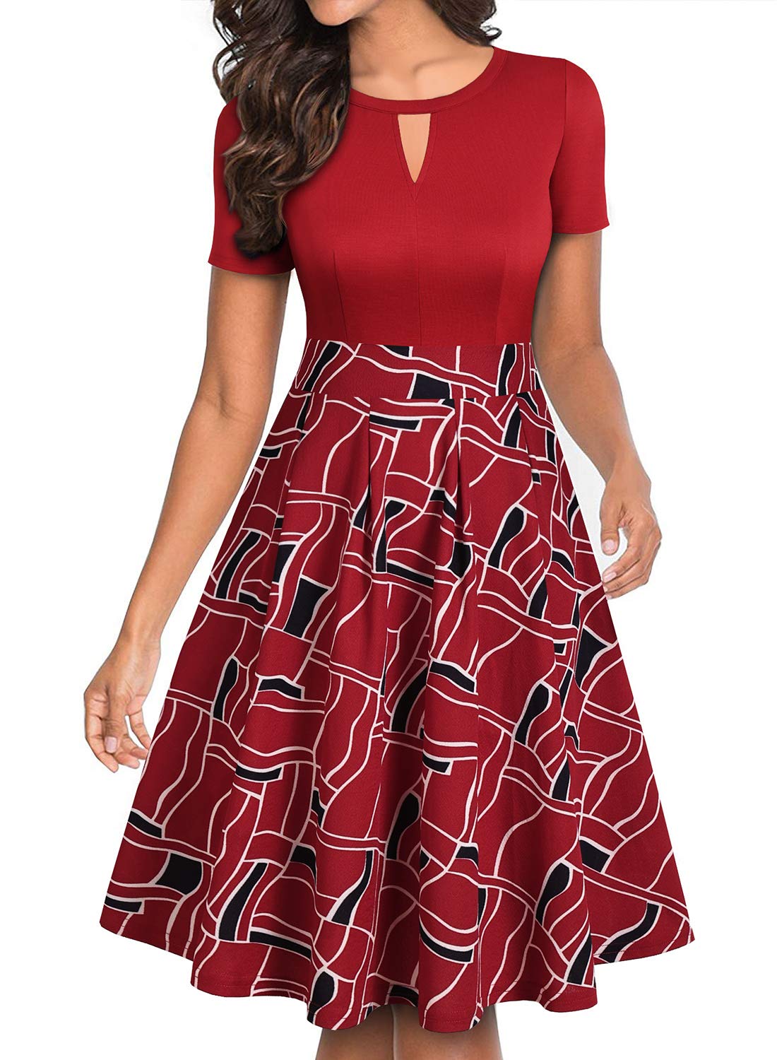 YATHON Women's Vintage Floral Print Flared A-Line Swing Dress with Pockets - Casual Party Midi Dress for Wedding Guest, Cocktail, Date Night & Special Occasions