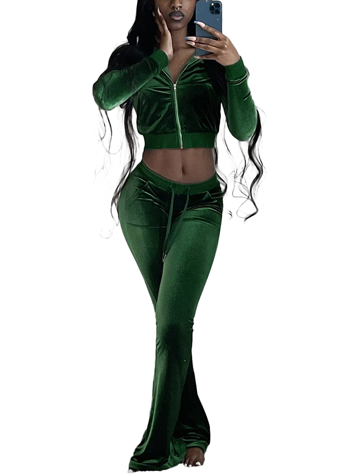 Women's Velour 2-Piece Outfit Set - Zip Crop Jacket & Wide Leg Pants Tracksuit | Casual Lounge Wear for Women | Perfect for Home, Gym & Street Style Fashion