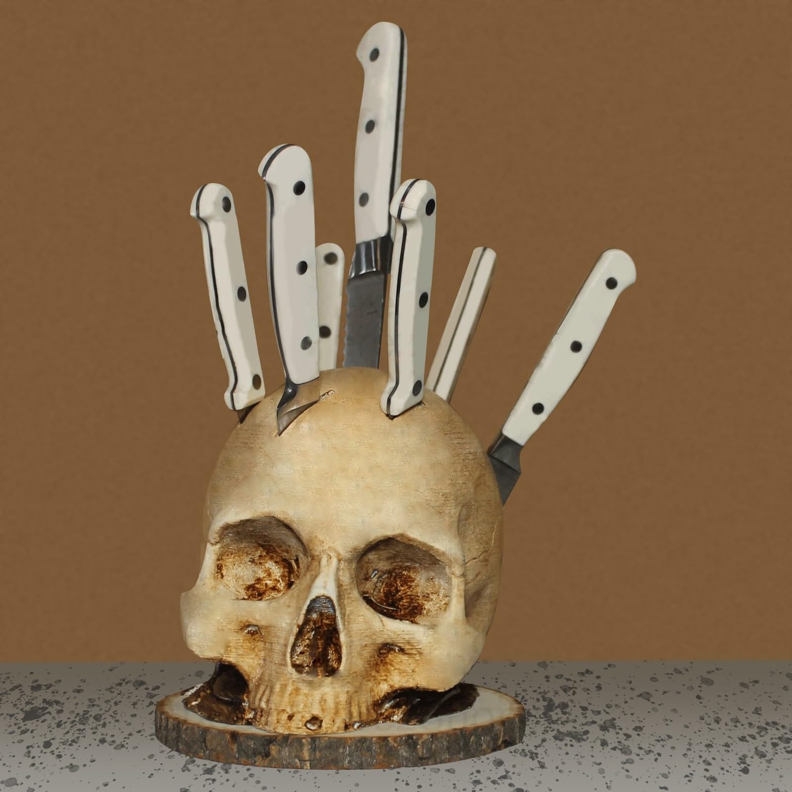 Skull-Shaped Knife Holder for Kitchen - Horror Themed Resin Knife Storage Rack with Fruit Basket - Scary Decor for Halloween Parties & Gothic Kitchen Accessories - Perfect for Horror Fans & Themed Events