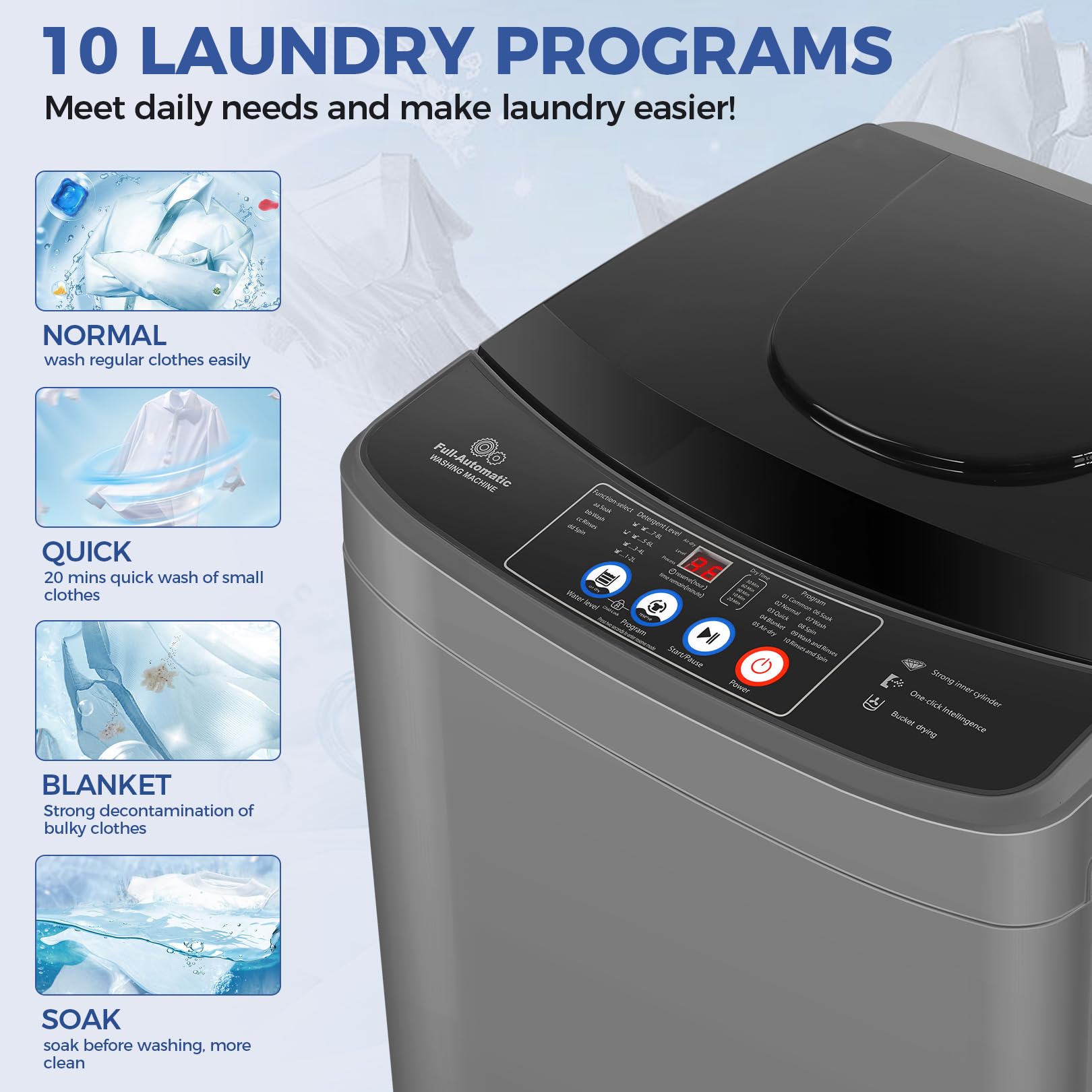 Nictemaw 20Lbs Full-Automatic Portable Washing Machine with Drain Pump - 2.8Cu.ft Compact Washer Dryer Combo, 10 Programs & 8 Water Levels - Perfect for Apartments, Dorms, RVs, Camping & Small Spaces