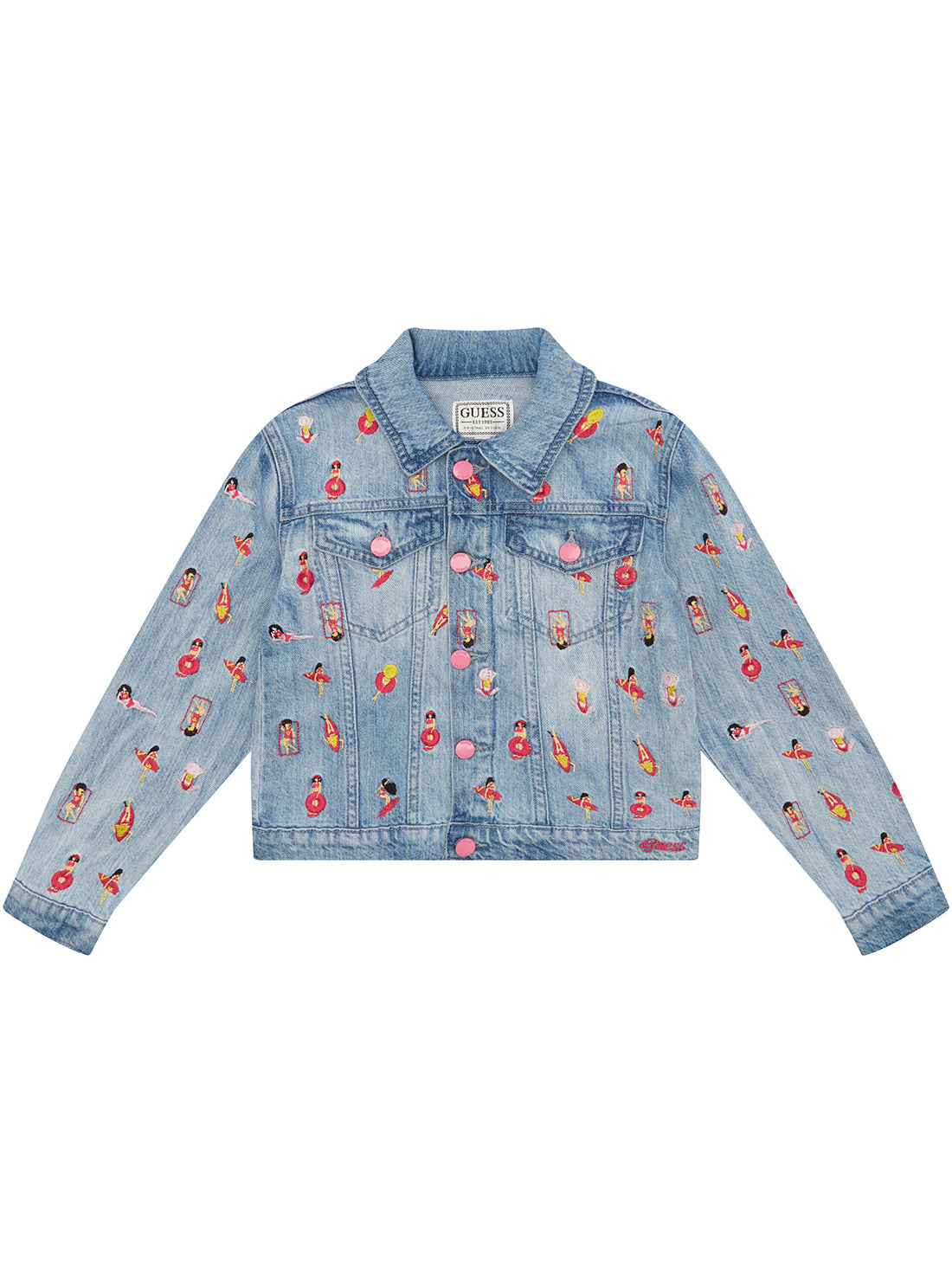 Blue Denim Surf Girl Embroidered Jacket - Stylish Women's Denim Jacket with Surfing Theme Embroidery - Perfect for Beach Outings, Casual Wear & Surfing Enthusiasts