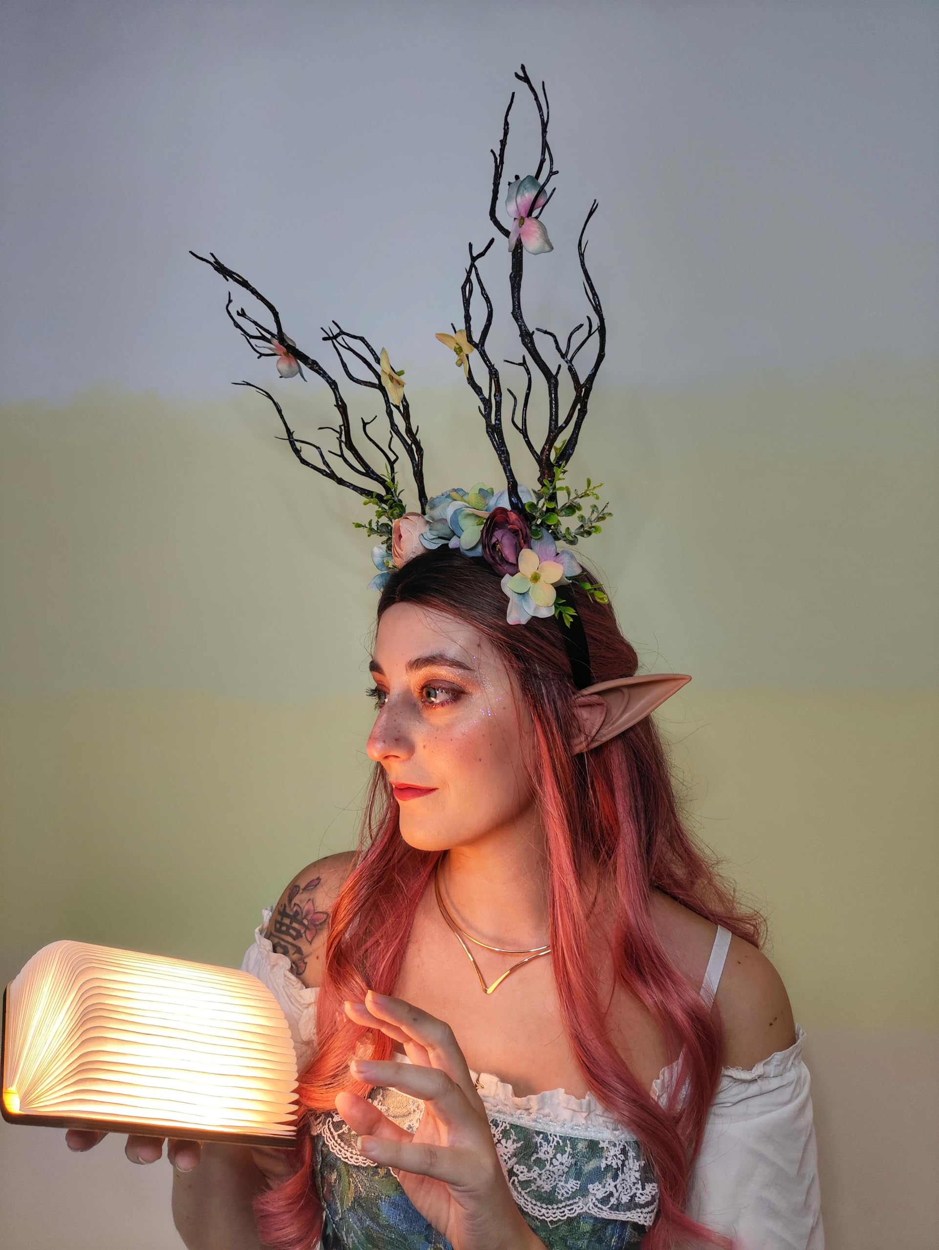 Woodland Antler Crown with Elf Ears & Flower Tiara - Renaissance Fairy Costume Headpiece for Halloween, Cosplay, LARP, Renfaire | Forest Elf Accessories for Fantasy Parties & Photoshoots