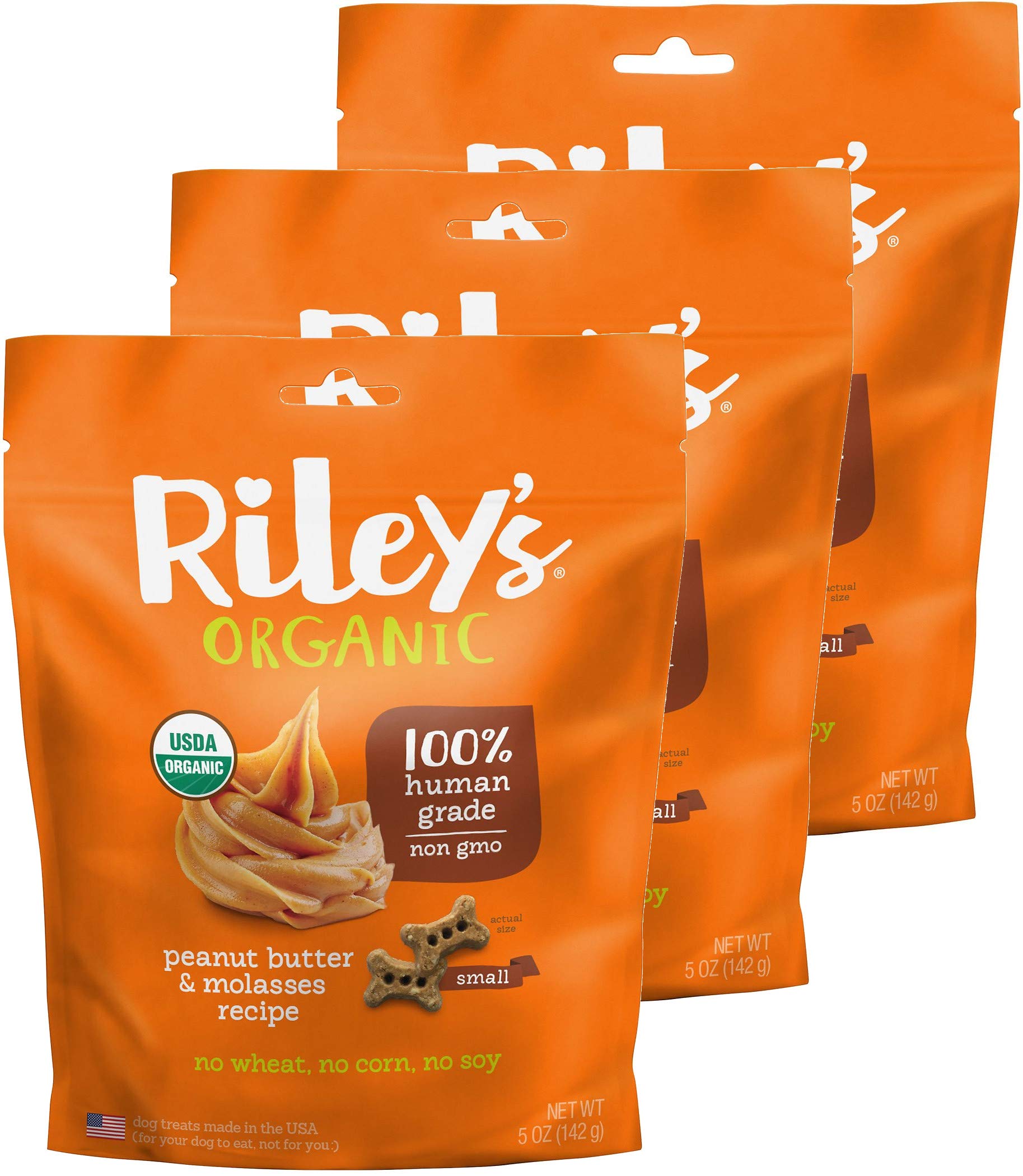 Riley's Organics Peanut Butter & Molasses Small Bone Dog Treats 3 Pack (5 oz) - Healthy Natural Snacks for Training & Rewarding Your Puppy or Adult Dog