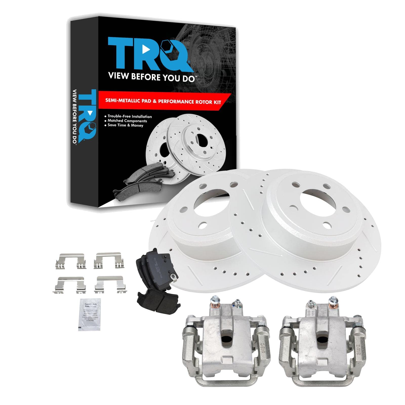 TRQ Rear Brake Calipers with Ceramic Pads & Drilled Rotors - Compatible with Dodge Challenger & Charger - Perfect for Performance Upgrades & Street Racing